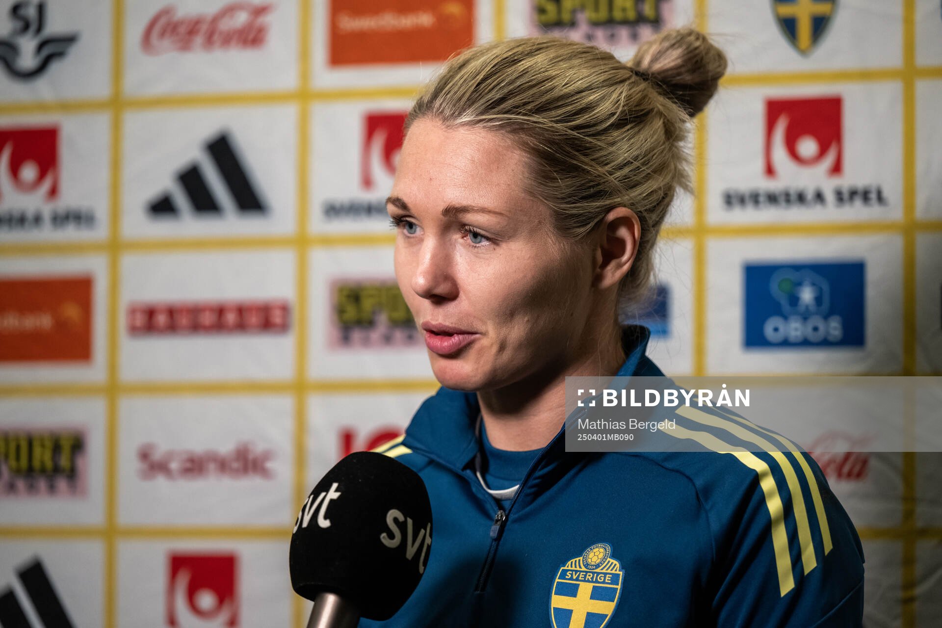 Goalkeeper Jennifer Falk is interviewed