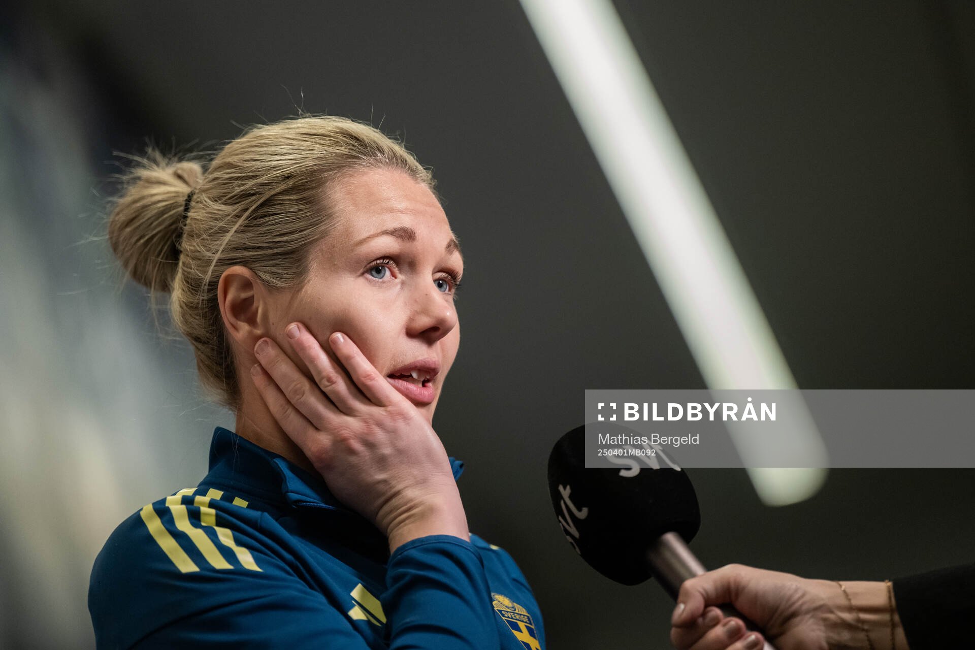 Goalkeeper Jennifer Falk is interviewed