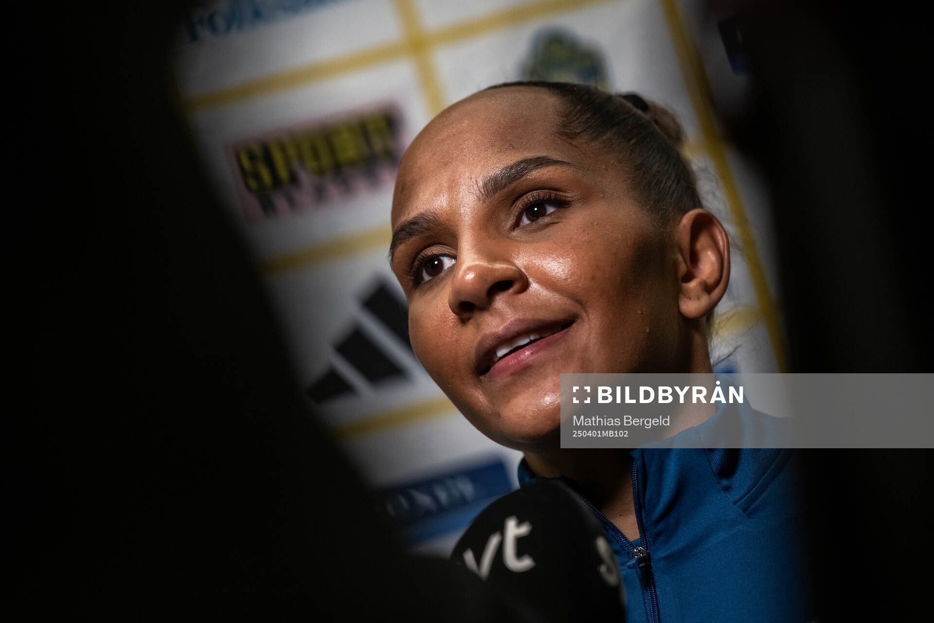 Madelen Janogy is interviewed in the mixed zone after a training session with the Swedish women’s national football team on April 1, 2025 in Gothenburg.