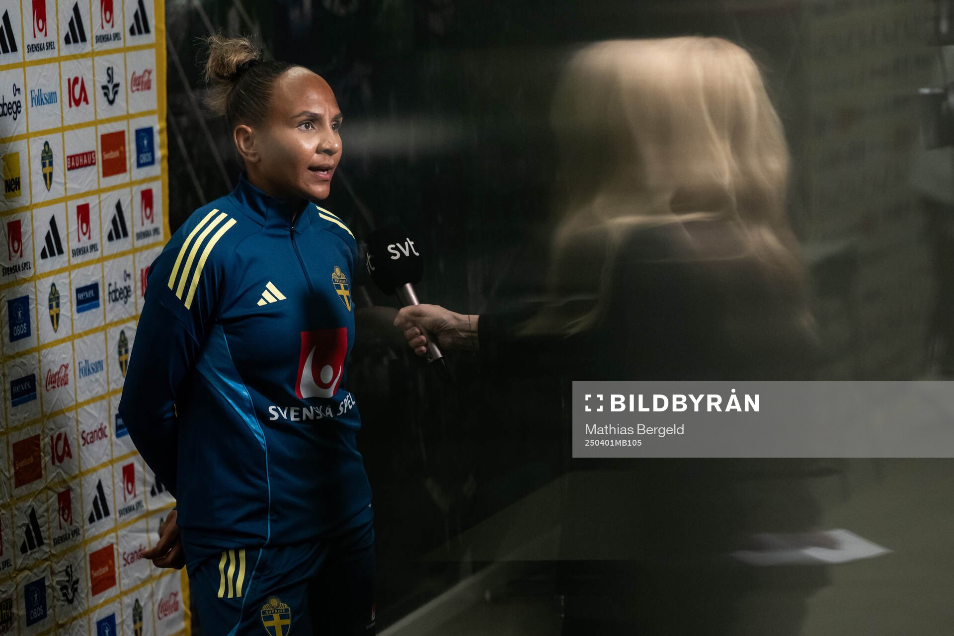 Madelen Janogy is interviewed in the mixed zone after a training session with the Swedish women’s national football team on April 1, 2025 in Gothenburg.