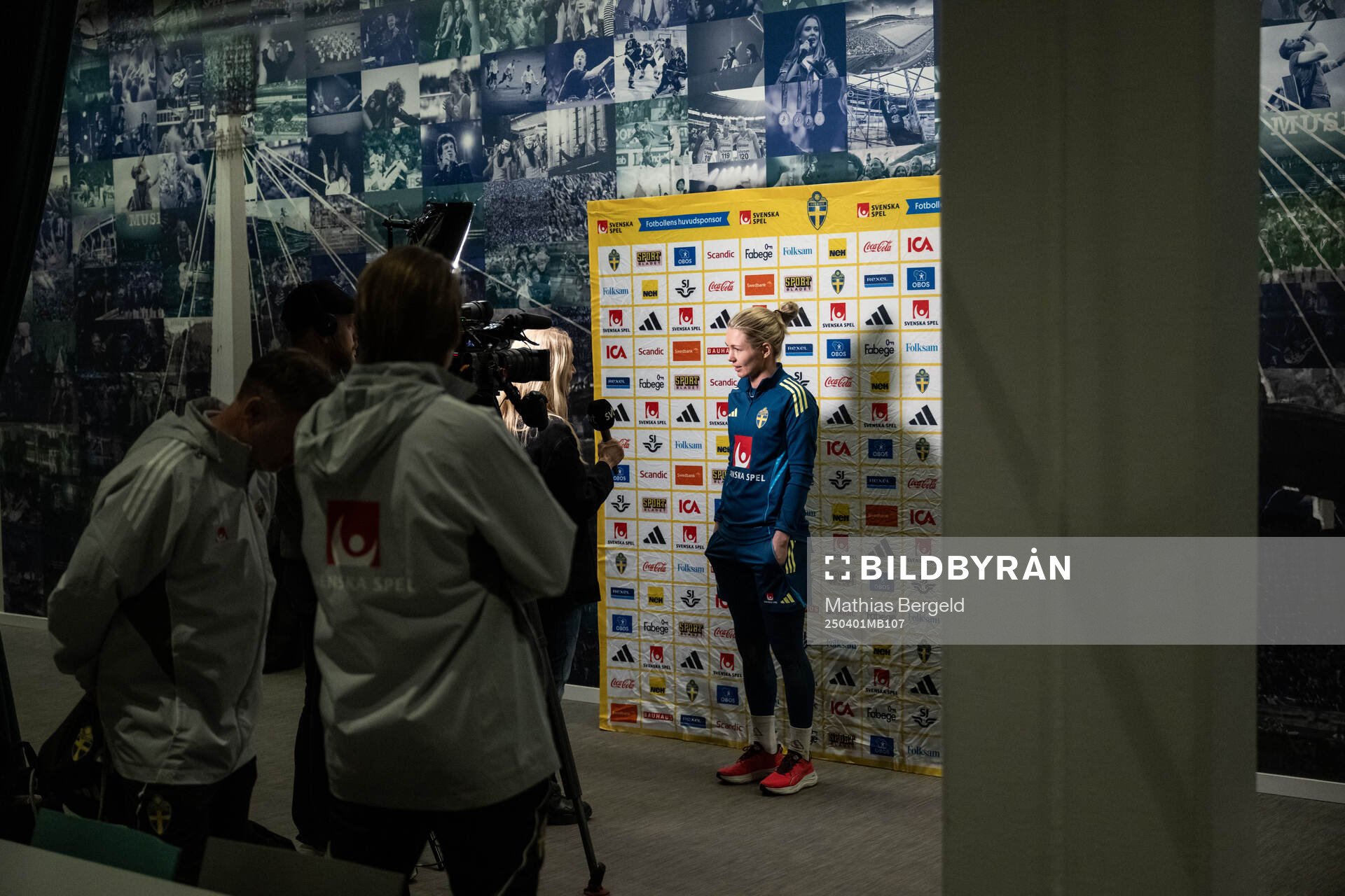 Goalkeeper Jennifer Falk is interviewed in the mixed zone after a training session with the Swedish women’s national football team on April 1, 2025 in Gothenburg.