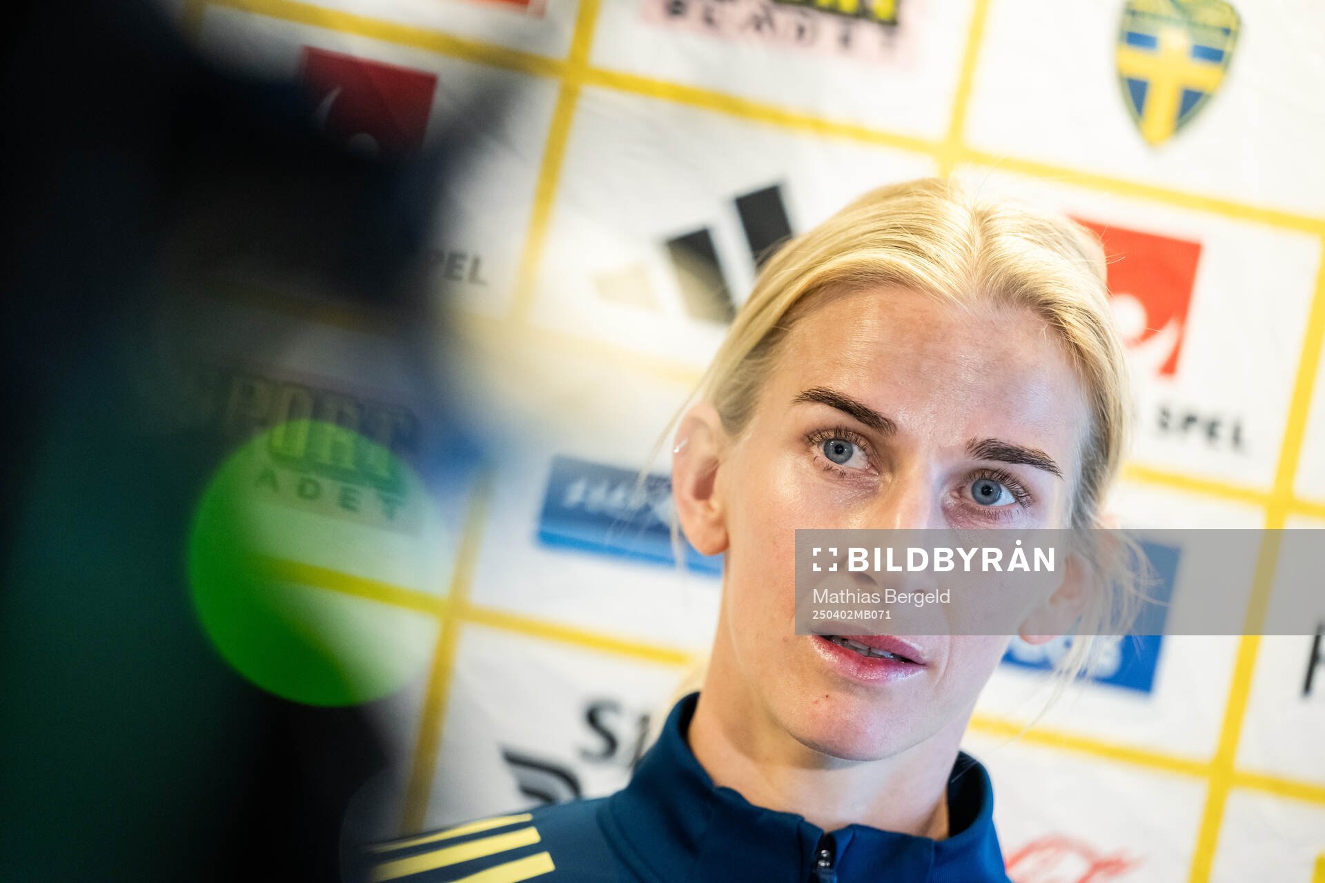 Sofia Jakobsson is being interviewed in the mixed zone after a training session with the Swedish women's national football team on April 2, 2025 in Gothenburg.
