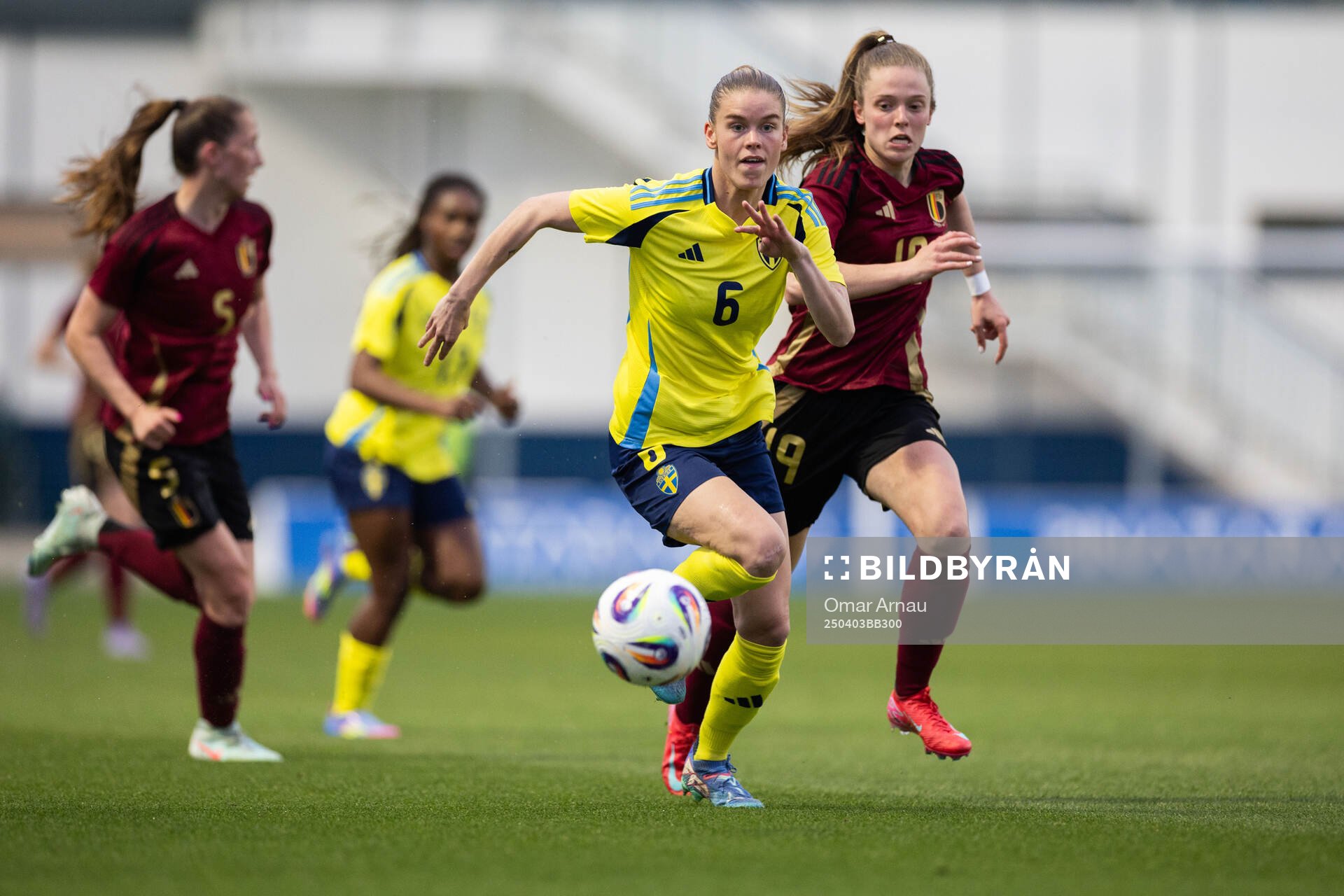 My Cato of Sweden and Valesca Ampoorter of Belgium during the international friendly under-23 football match between Belgium and Sweden on April 3, 2025 in Pinatar. 