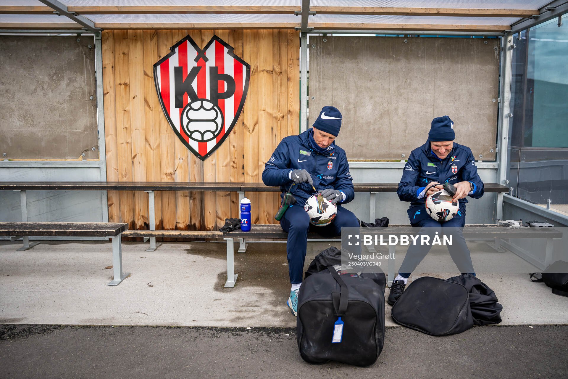 Coach Terje Skjeldestad and kit manager John Konstad of the