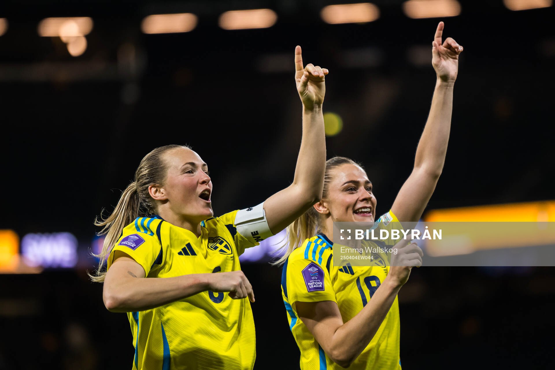 Magdalena Eriksson and Fridolina Rolfö of Sweden celebrate after the UEFA Women's Nations League football match between Sweden and Italy on April 4, 2025 in Stockholm.