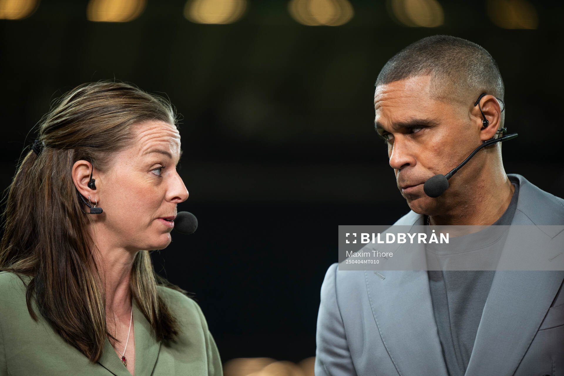 Lotta Schelin and Daniel Nannskog of Swedish broadcaster SVT poses ahead of the UEFA Women's Nations League football match between Sweden and Italy on April 4, 2025 in Stockholm.