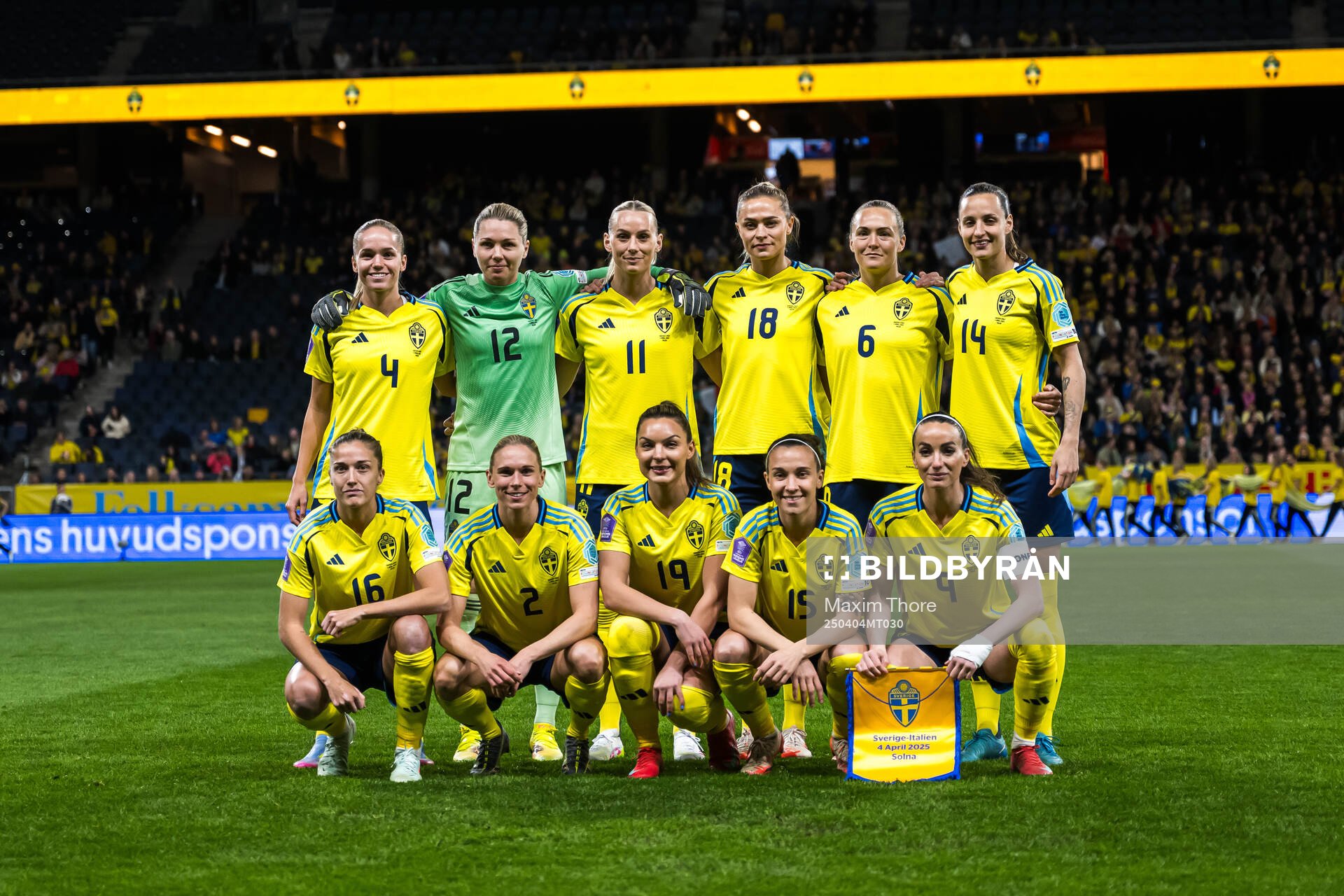 The starting eleven of Sweden pose for a photo ahead of the UEFA Women's Nations League football match between Sweden and Italy on April 4, 2025 in Stockholm. From the top left: Hanna Lundkvist, goalkeeper Jennifer Falk, Stina Blackstenius, Fridolina Rolfö, Magdalena Eriksson, Nathalie Björn, Filippa Angeldahl, Jonna Andersson, Johanna Rytting Kaneryd, Julia Zigiotti Olme and Kosovare Asllani,