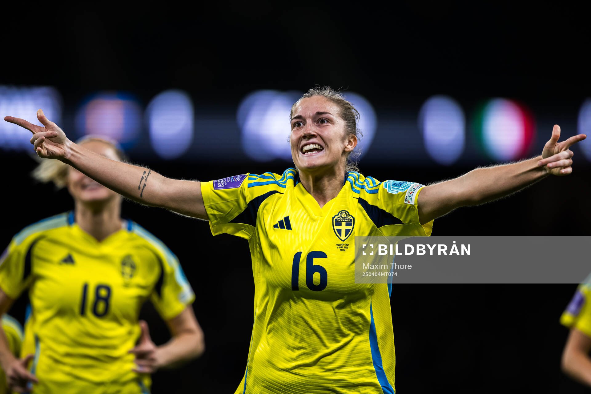 Filippa Angeldahl of Sweden celebrates after scoring 2-1 during the UEFA Women's Nations League football match between Sweden and Italy on April 4, 2025 in Stockholm.