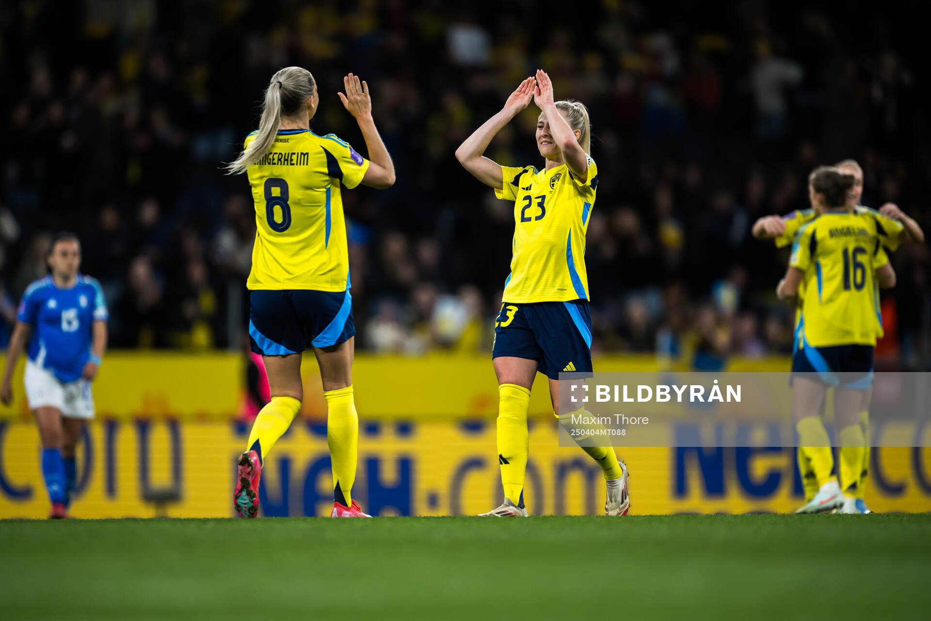 Ellen Wangerheim and Rebecka Blomqvist of Sweden celebrate