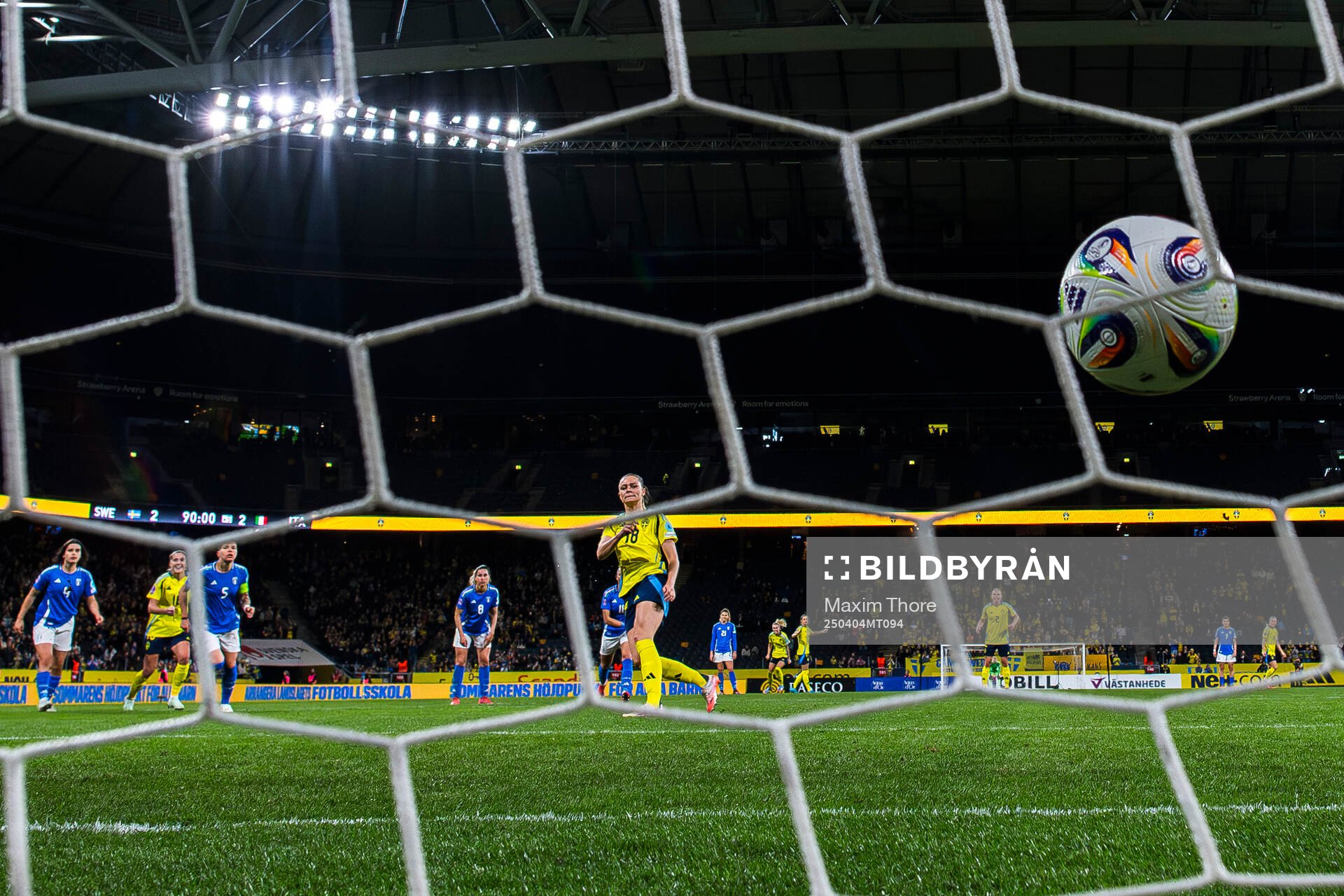 Fridolina Rolfö of Sweden scores the 3-2 goal during the UEFA Women's Nations League football match between Sweden and Italy on April 4, 2025 in Stockholm.