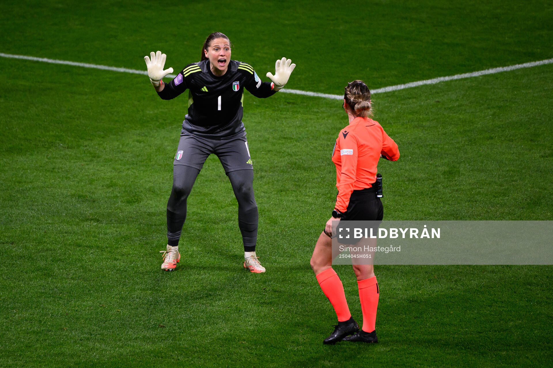 Goalkeeper Laura Giuliani of Italy reacts towards referee