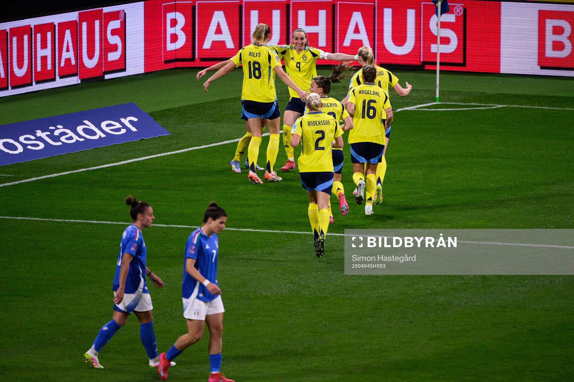 Kosovare Asllani of Sweden celebrates with team mates after scoring 1-1 during the UEFA Women's Nations League football match between Sweden and Italy on April 4, 2025 in Stockholm.
