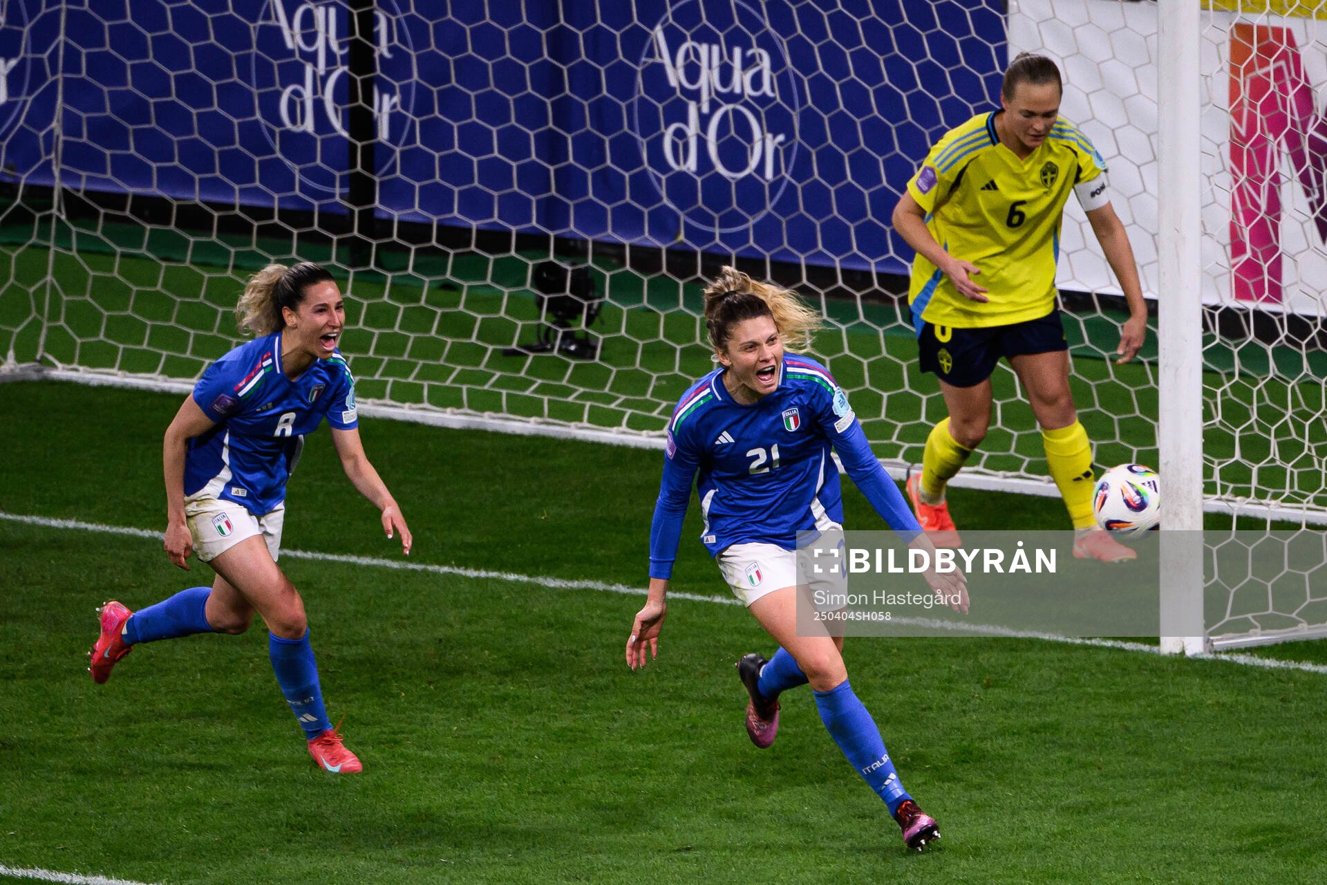 Michela Cambiaghi of Italy celebrates after scoring 2-2 during the UEFA Women's Nations League football match between Sweden and Italy on April 4, 2025 in Stockholm.