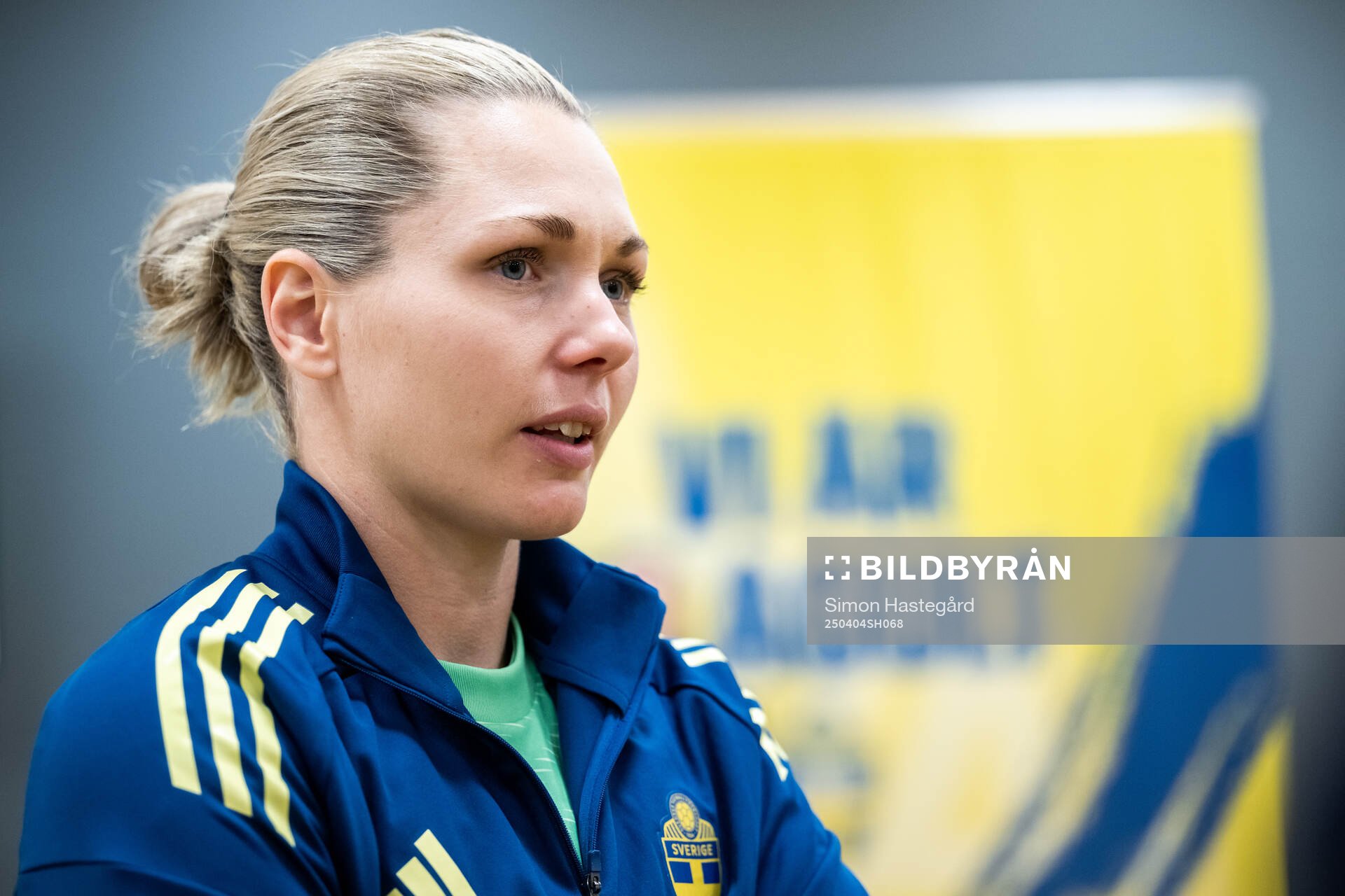 Goalkeeper Jennifer Falk of Sweden is interviewed