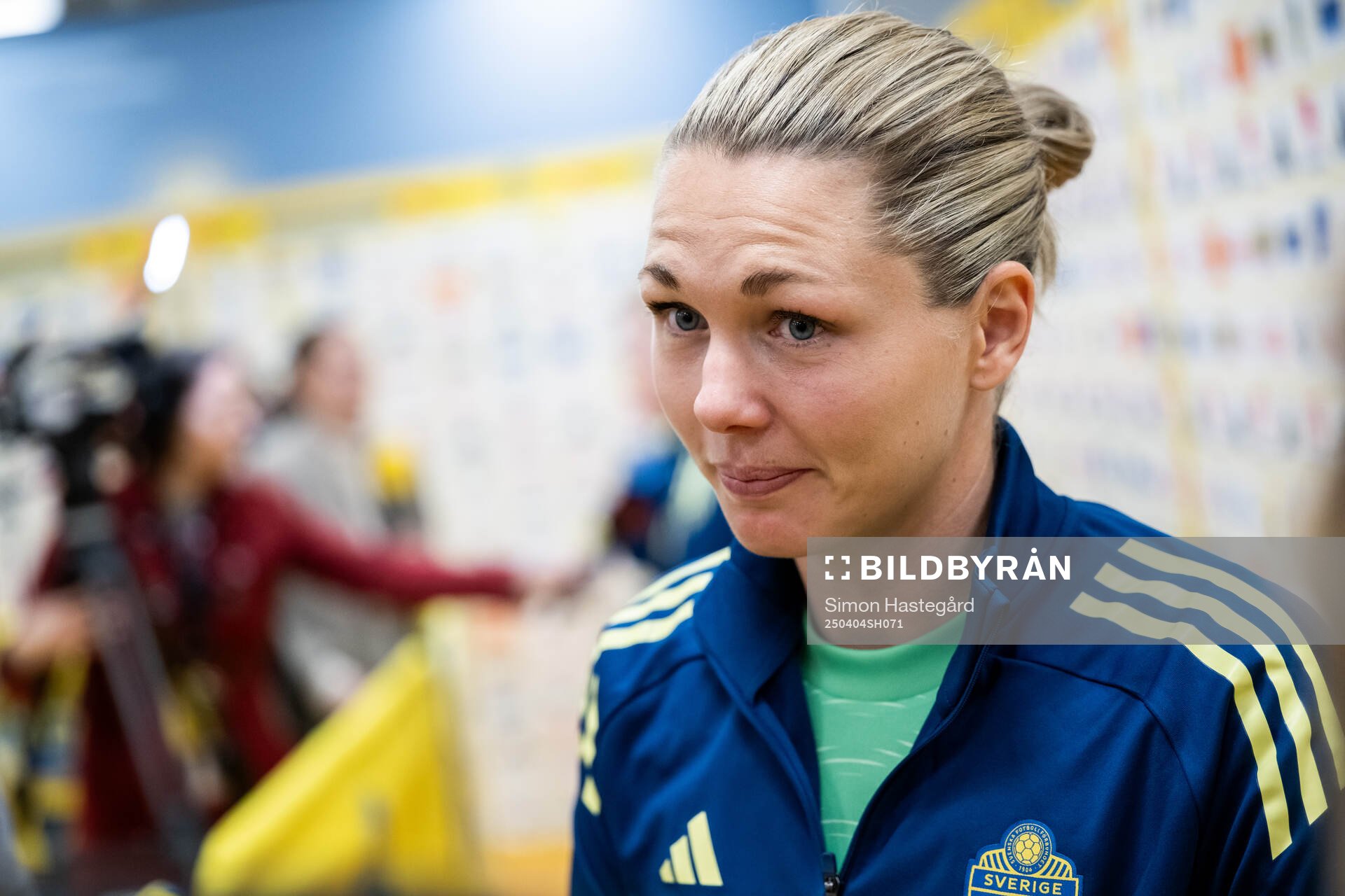 Goalkeeper Jennifer Falk of Sweden is interviewed