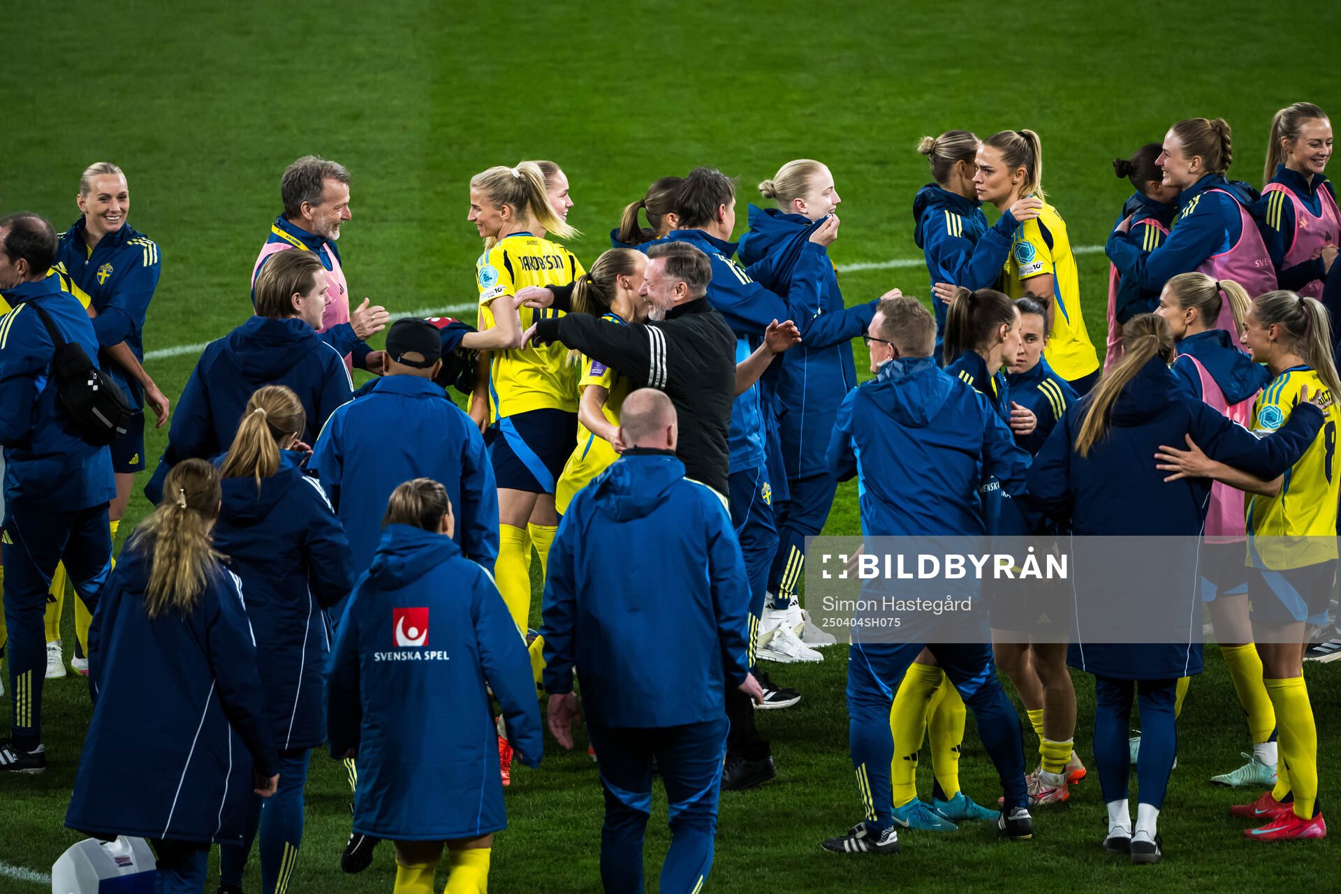 Magdalena Eriksson and Head coach Peter Gerhardsson of Sweden celebrate after the UEFA Women's Nations League football match between Sweden and Italy on April 4, 2025 in Stockholm.