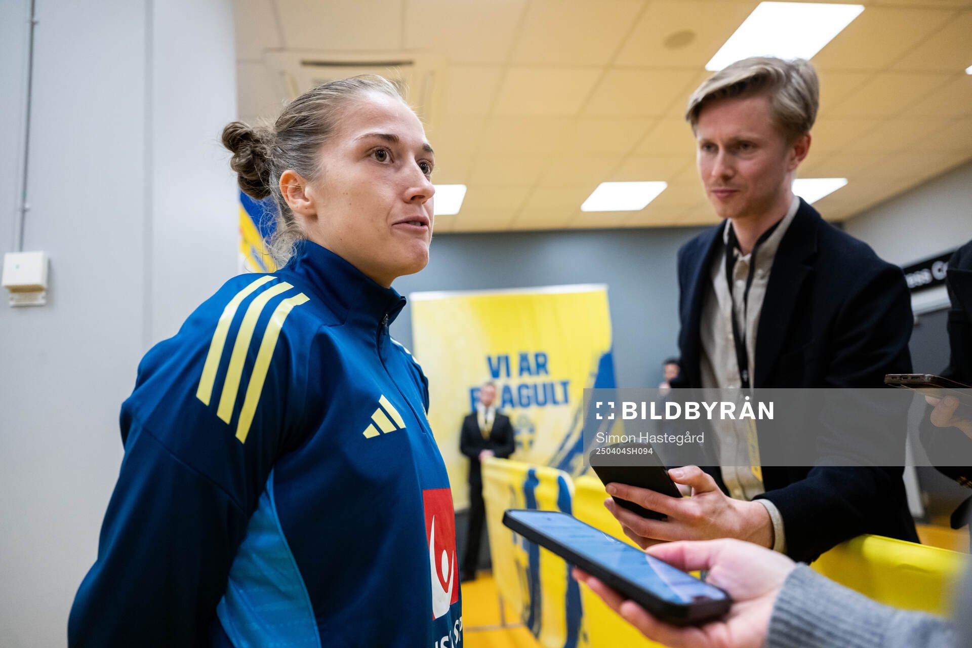 Filippa Angeldahl of Sweden is interviewed in the mixed zone after the UEFA Women's Nations League football match between Sweden and Italy on April 4, 2025 in Stockholm.