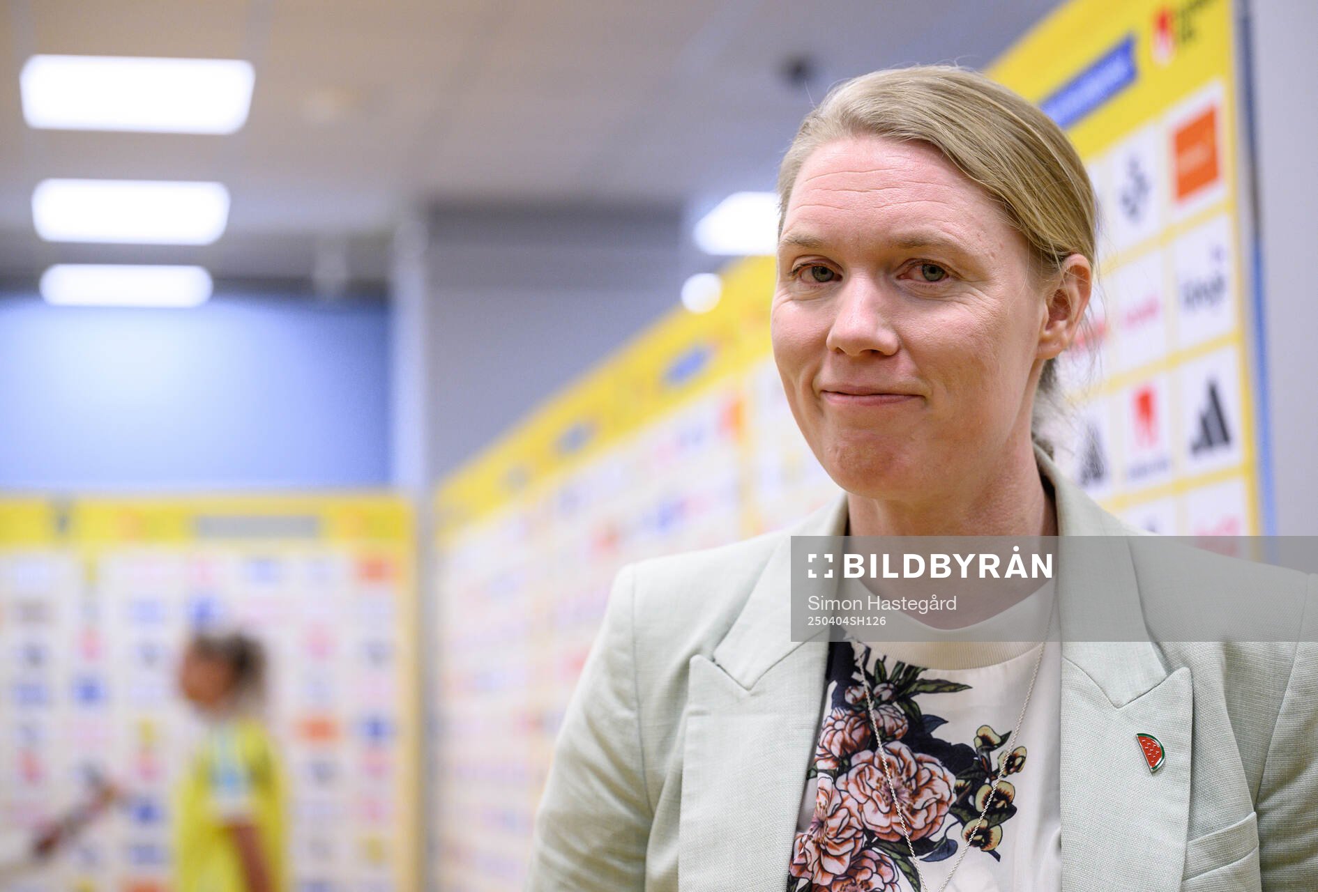 Former goalkeeper Hedvig Lindahl of Sweden in the mixed zone after the UEFA Women's Nations League football match between Sweden and Italy on April 4, 2025 in Stockholm.