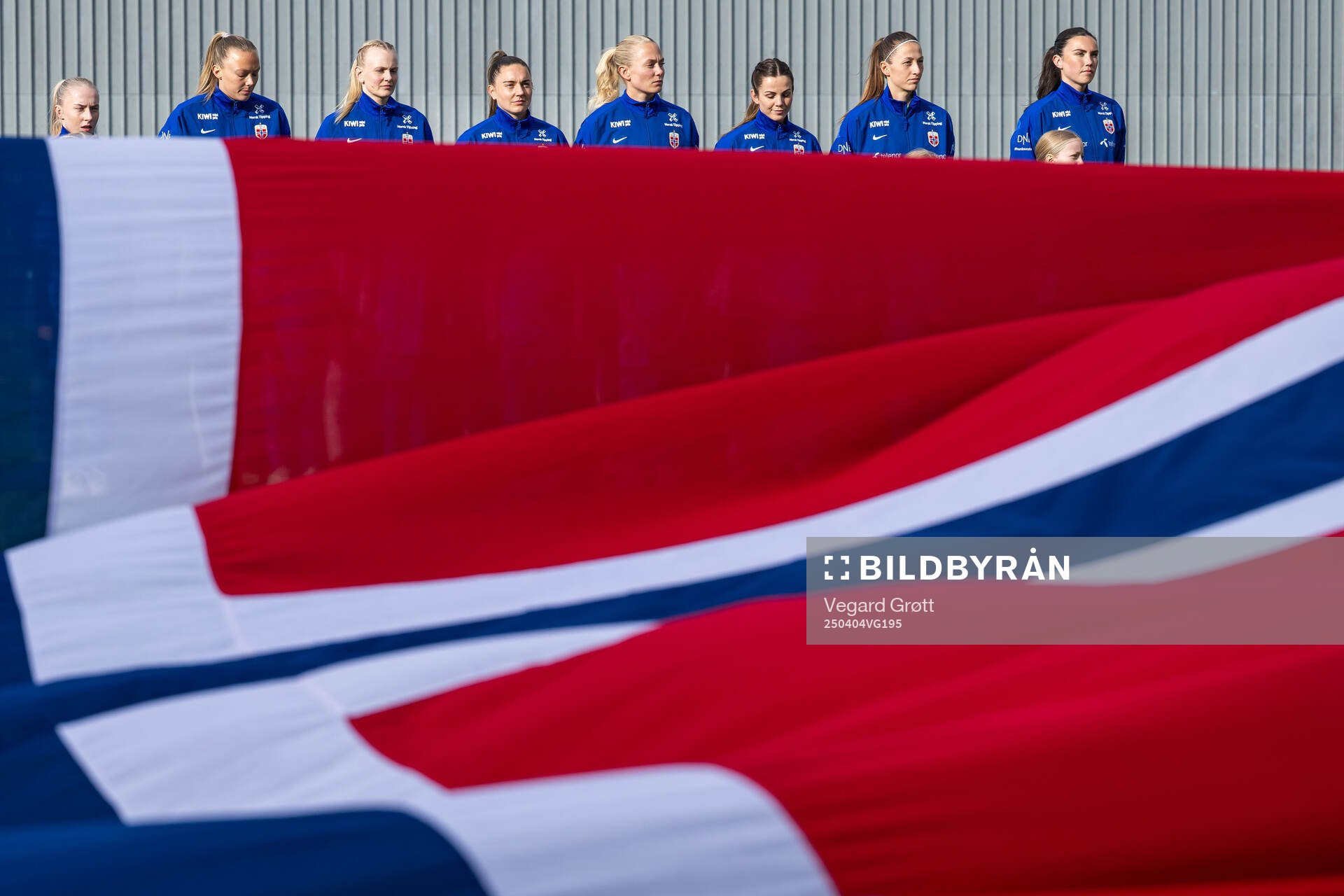 Vilde Bøe Risa, Guro Bergsvand, Tuva Hansen, goalkeeper Cecilie Fiskerstrand and Ingrid Syrstad Engen of Norway line up ahead of the UEFA Women’s Nations League football match between Iceland and Norway on April 4, 2025 in Reykjavik.