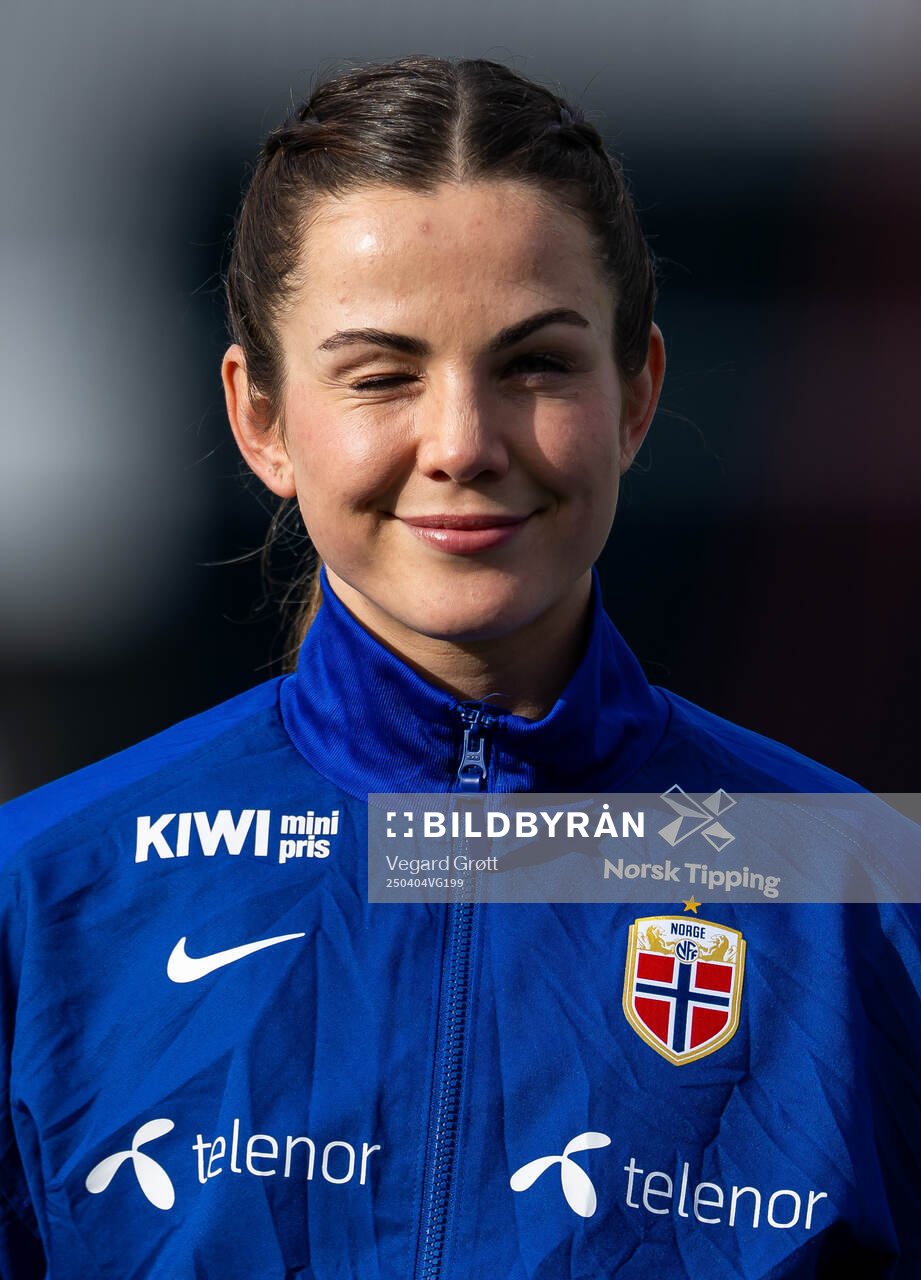 Tuva Hansen of Norway line up ahead of the UEFA Women’s Nations League football match between Iceland and Norway on April 4, 2025 in Reykjavik.