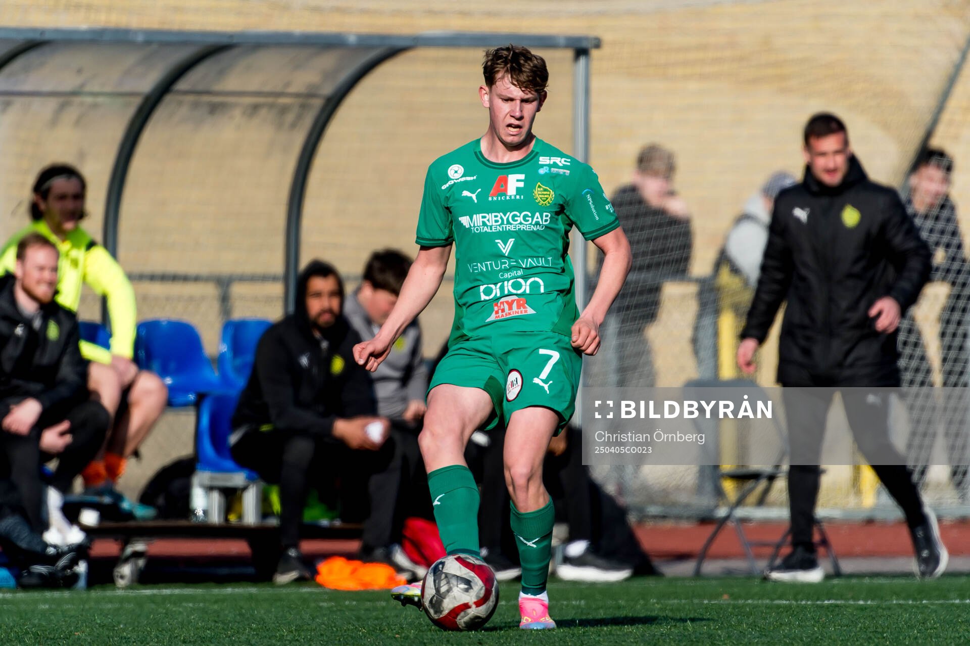 BK Olympics Viggo Jeppsson under fotbollsmatchen i Division 1 Södra mellan BK Olympic och IFK Skövde den 5 april 2025 i Malmö. 