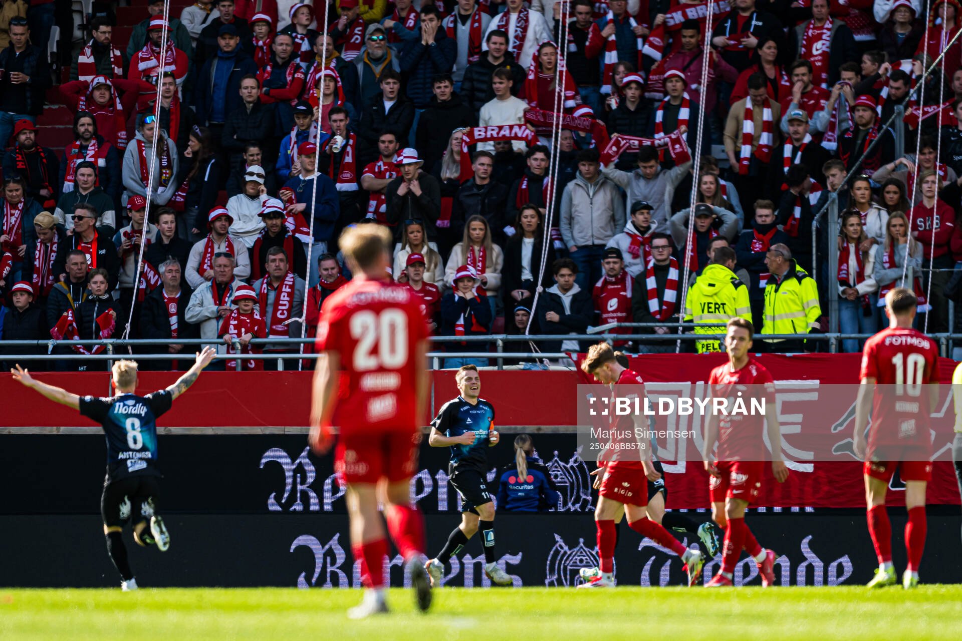 Ruben Yttergård Jenssen of Tromsø celebrates after scoring the 0-1 goal during the Eliteserien match between Brann and Tromsø on April 6, 2025 in Bergen.