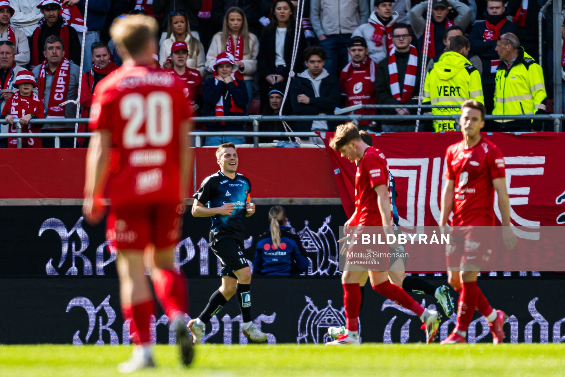 Ruben Yttergård Jenssen of Tromsø celebrates after scoring the 0-1 goal during the Eliteserien match between Brann and Tromsø on April 6, 2025 in Bergen.