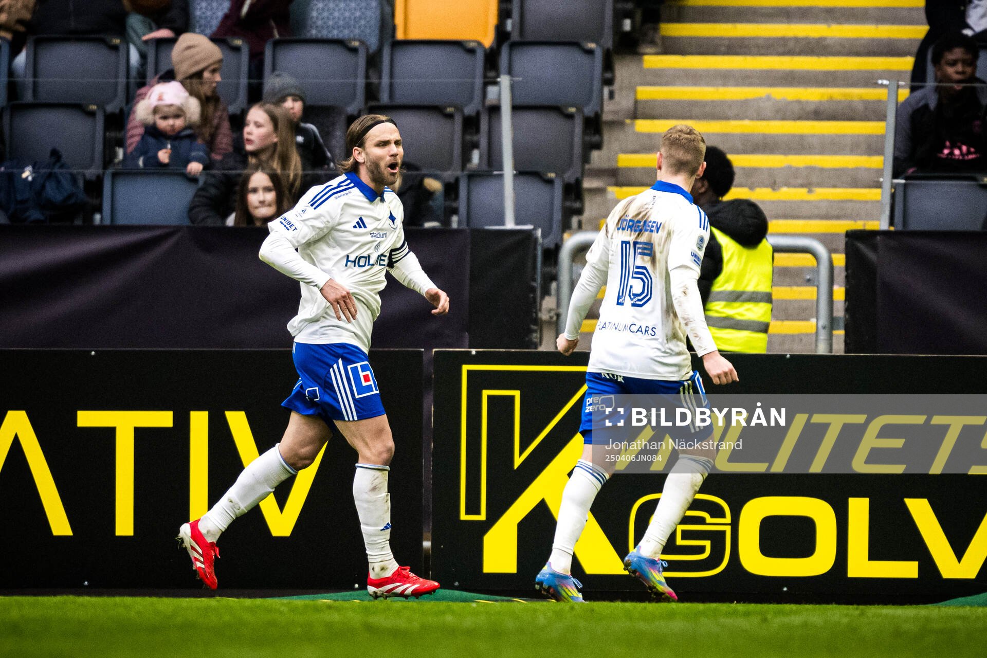 IFK Norrköpings Christoffer Nyman jublar efter 1-3 under fotbollsmatchen i Allsvenskan mellan AIK och IFK Norrköping den 6 april 2025 i Stockholm.