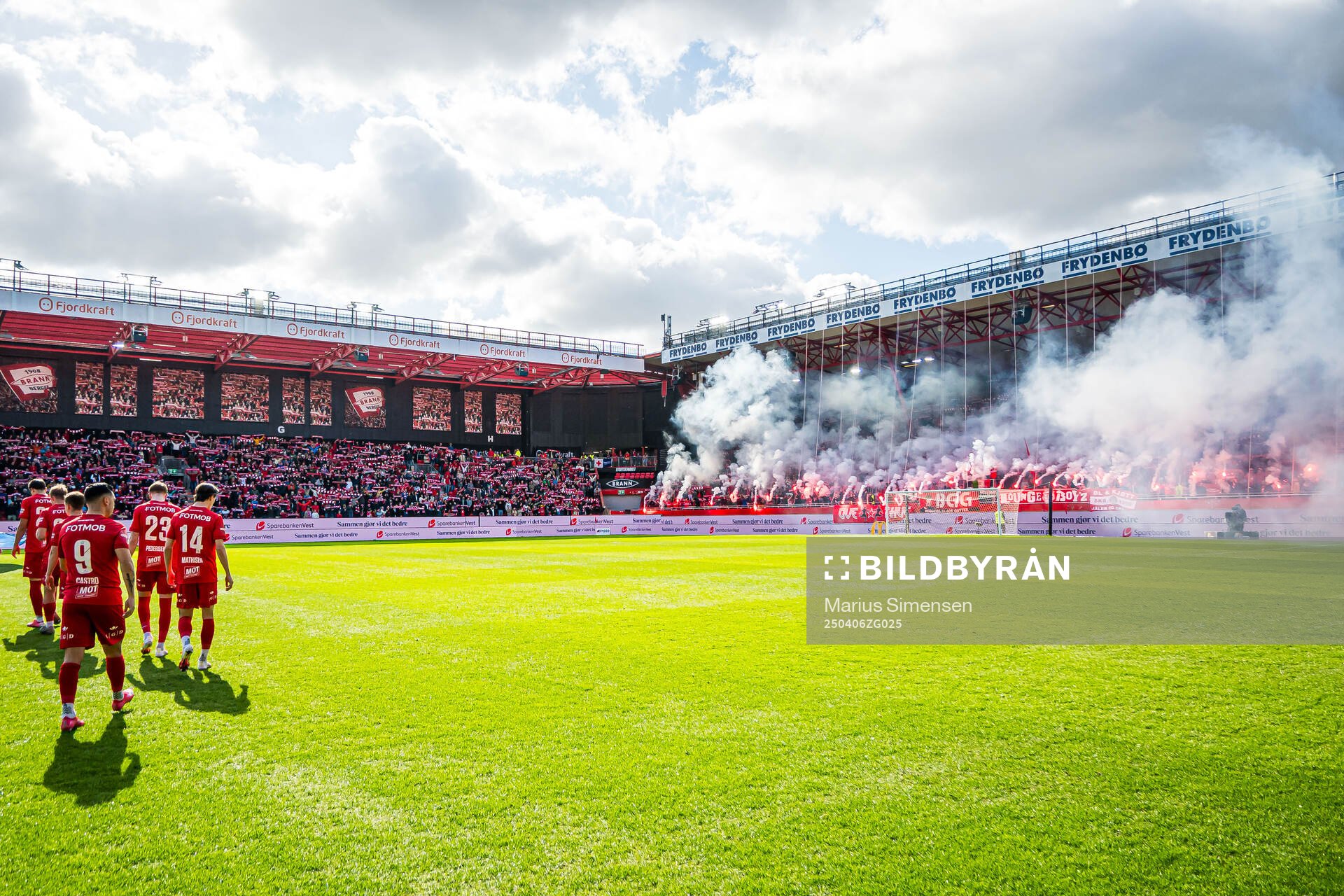 Spectators in the stands at Brann Stadion ahead of the Eliteserien match between Brann and Tromsø on April 6, 2025 in Bergen. 
