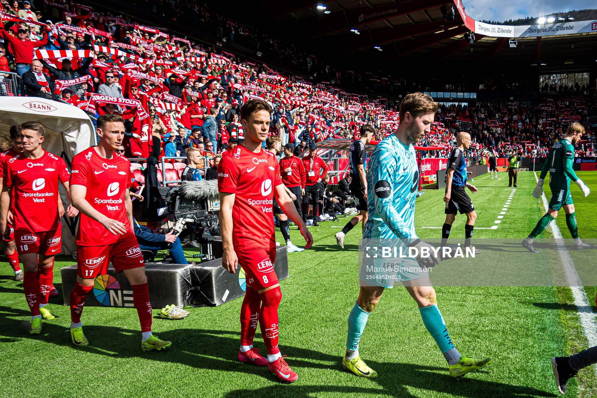 Felix Horn Myhre and goalkeeper Mathias Dyngeland of Brann