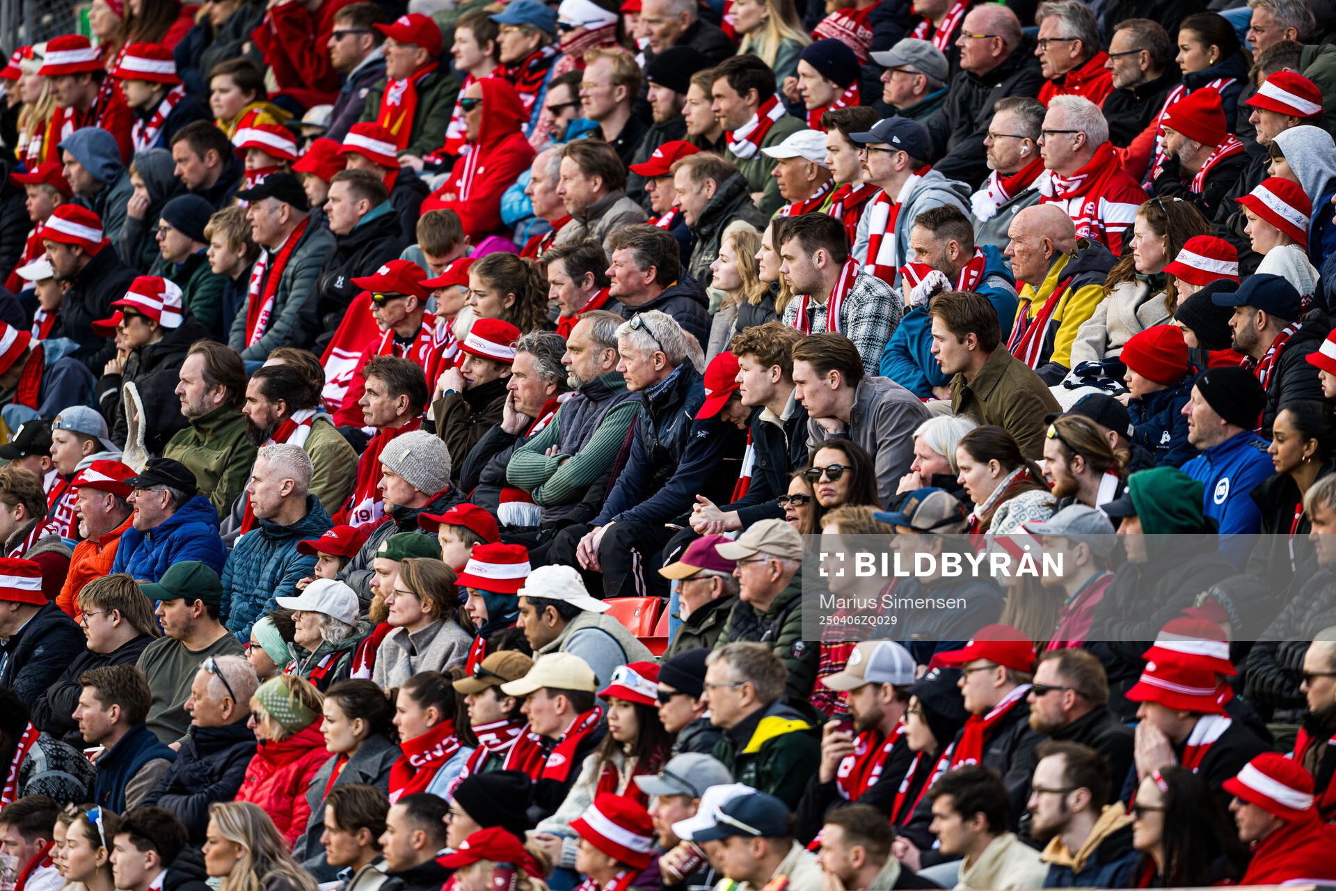 Spectators in the stands during the Eliteserien match between Brann and Tromsø on April 6, 2025 in Bergen. 