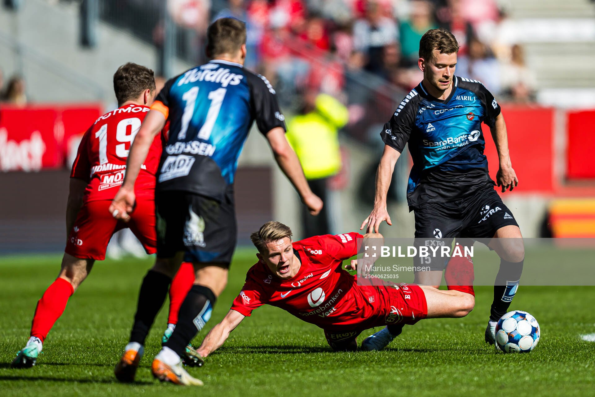 Emil Kornvig of Brann and Jonas Tviberg Torsvik of Brann during the Eliteserien match between Brann and Tromsø on April 6, 2025 in Bergen. 