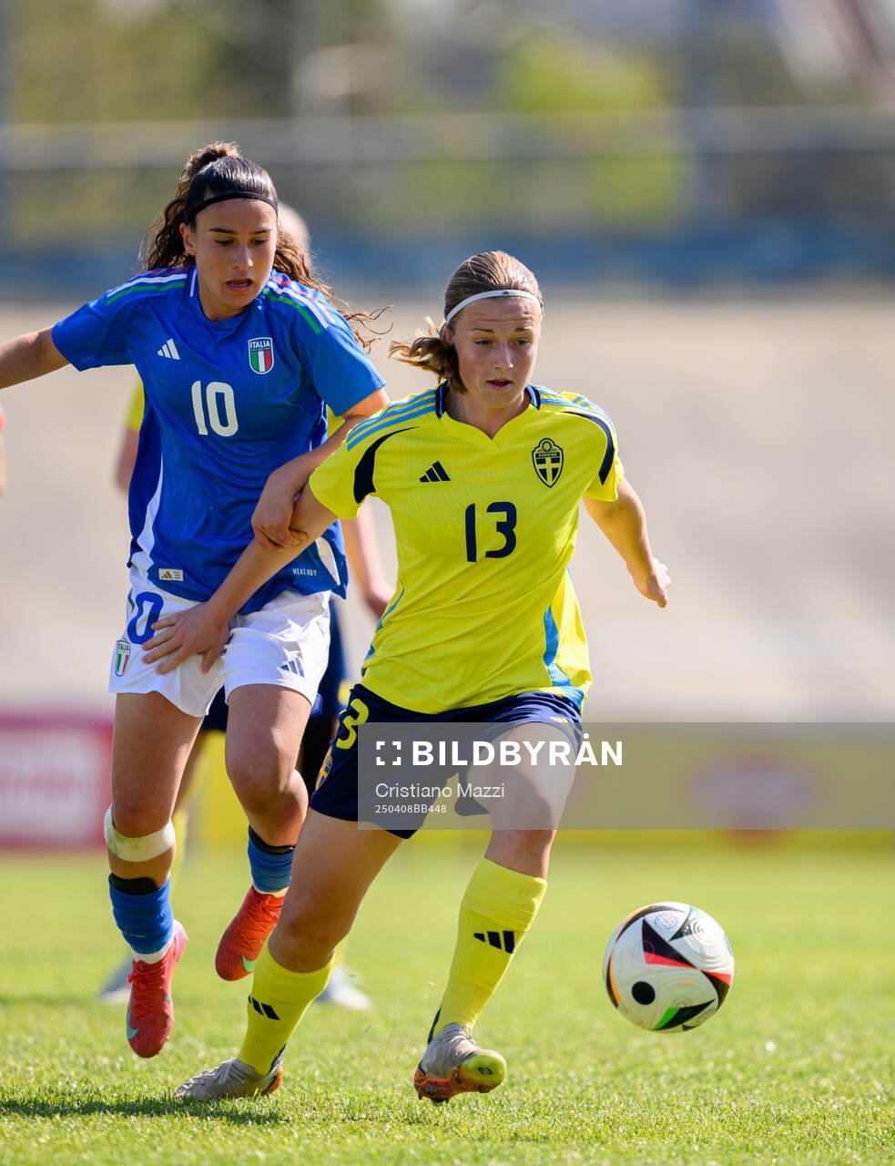 Giada Pellegrino Cim of Italy and Emma Broddheimer of Sweden during the UEFA Women's Under-19 Euro Qualifier football match between Italy and Sweden on April 8, 2025 in Forli.