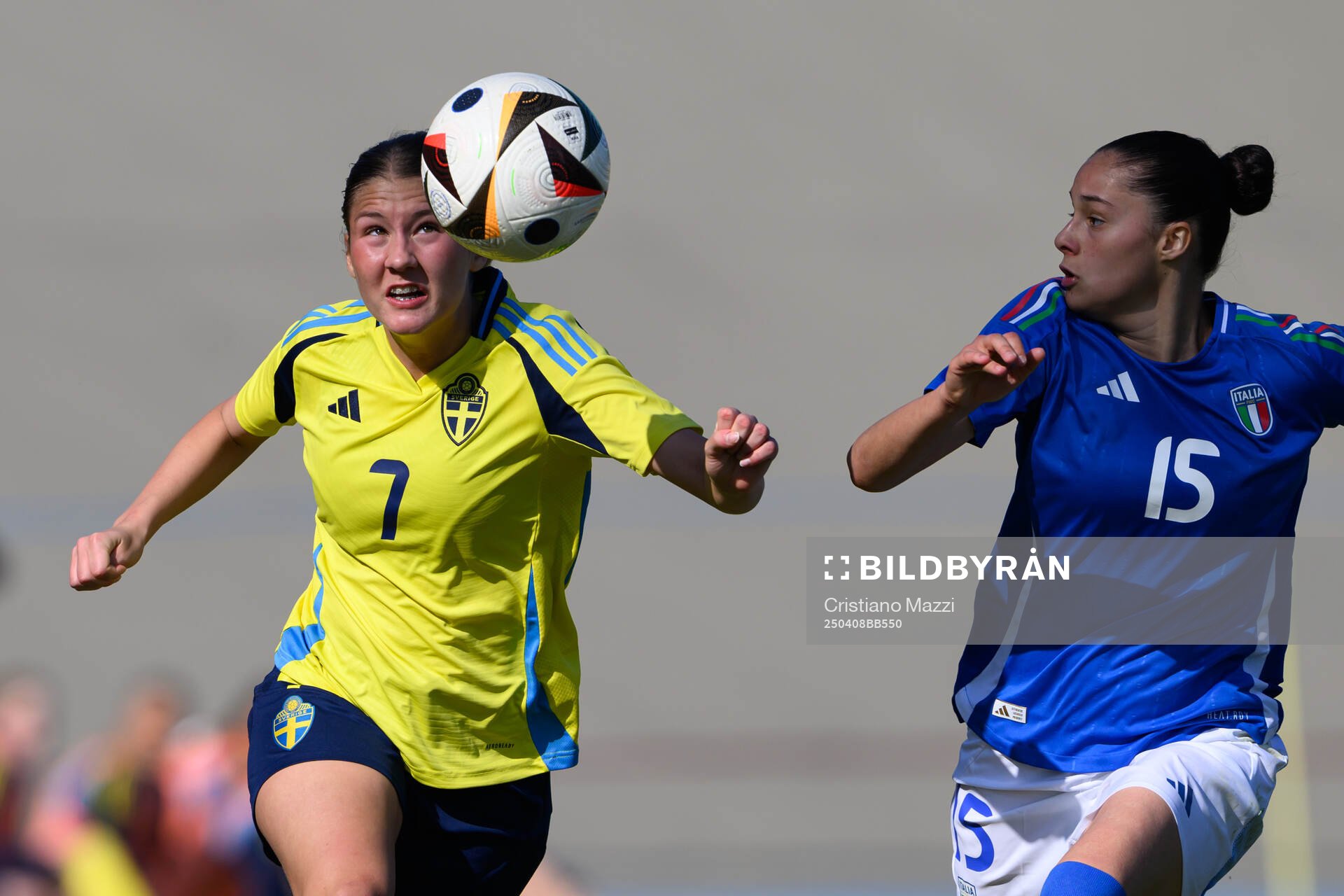 Novalie Jensen of Sweden and Emma Lombardi of Italy during the UEFA Women's Under-19 Euro Qualifier football match between Italy and Sweden on April 8, 2025 in Forli.