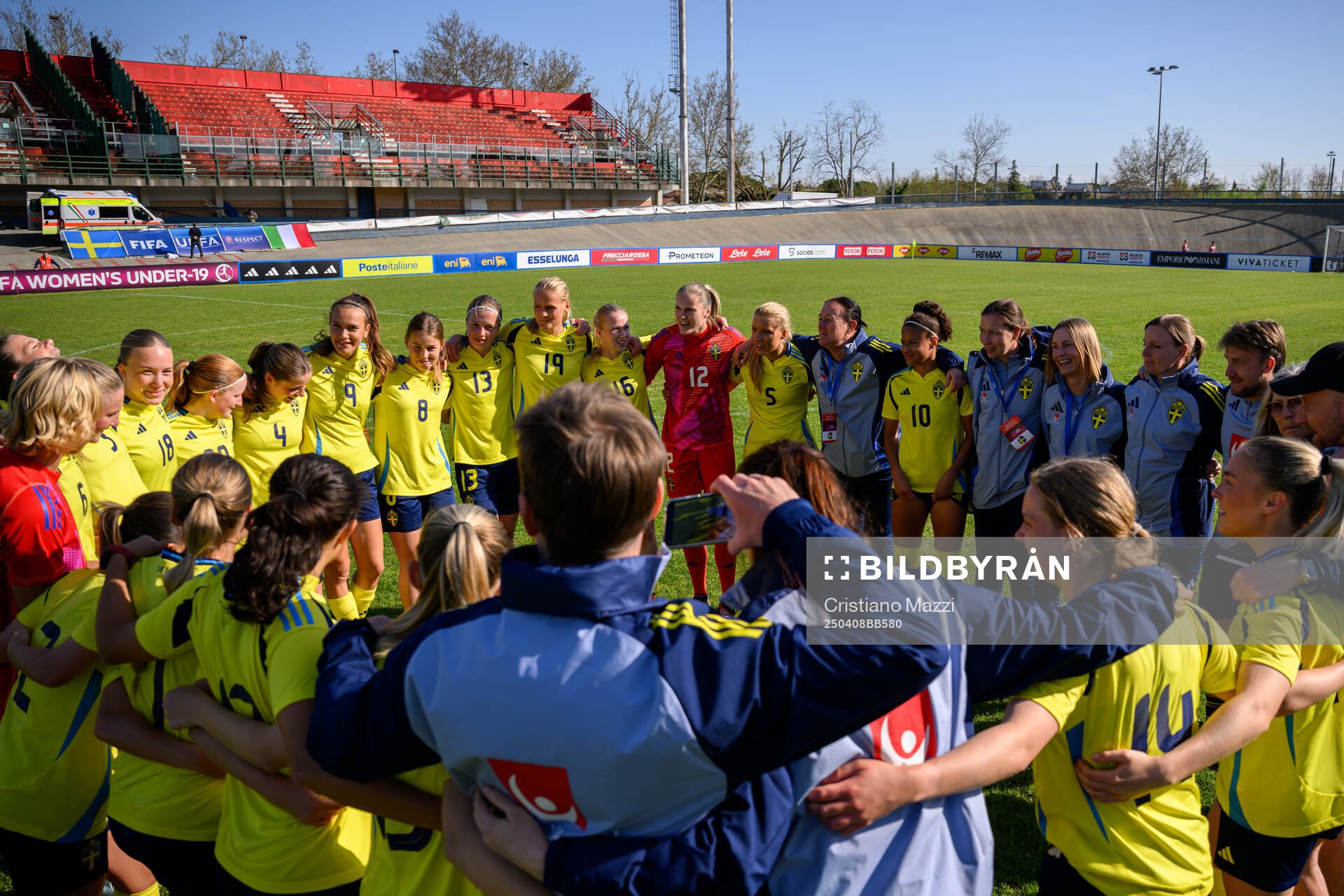 Players of Sweden celebrate after the UEFA Women's Under-19 Euro Qualifier football match between Italy and Sweden on April 8, 2025 in Forli.