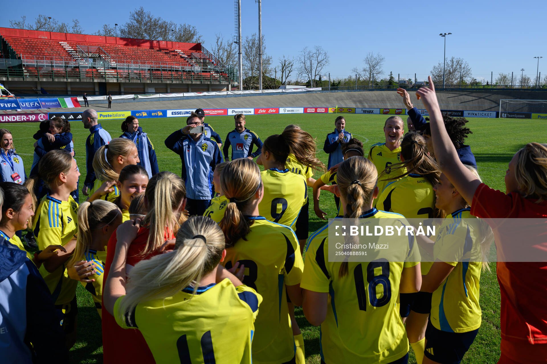Players of Sweden celebrate after the UEFA Women's Under-19 Euro Qualifier football match between Italy and Sweden on April 8, 2025 in Forli.