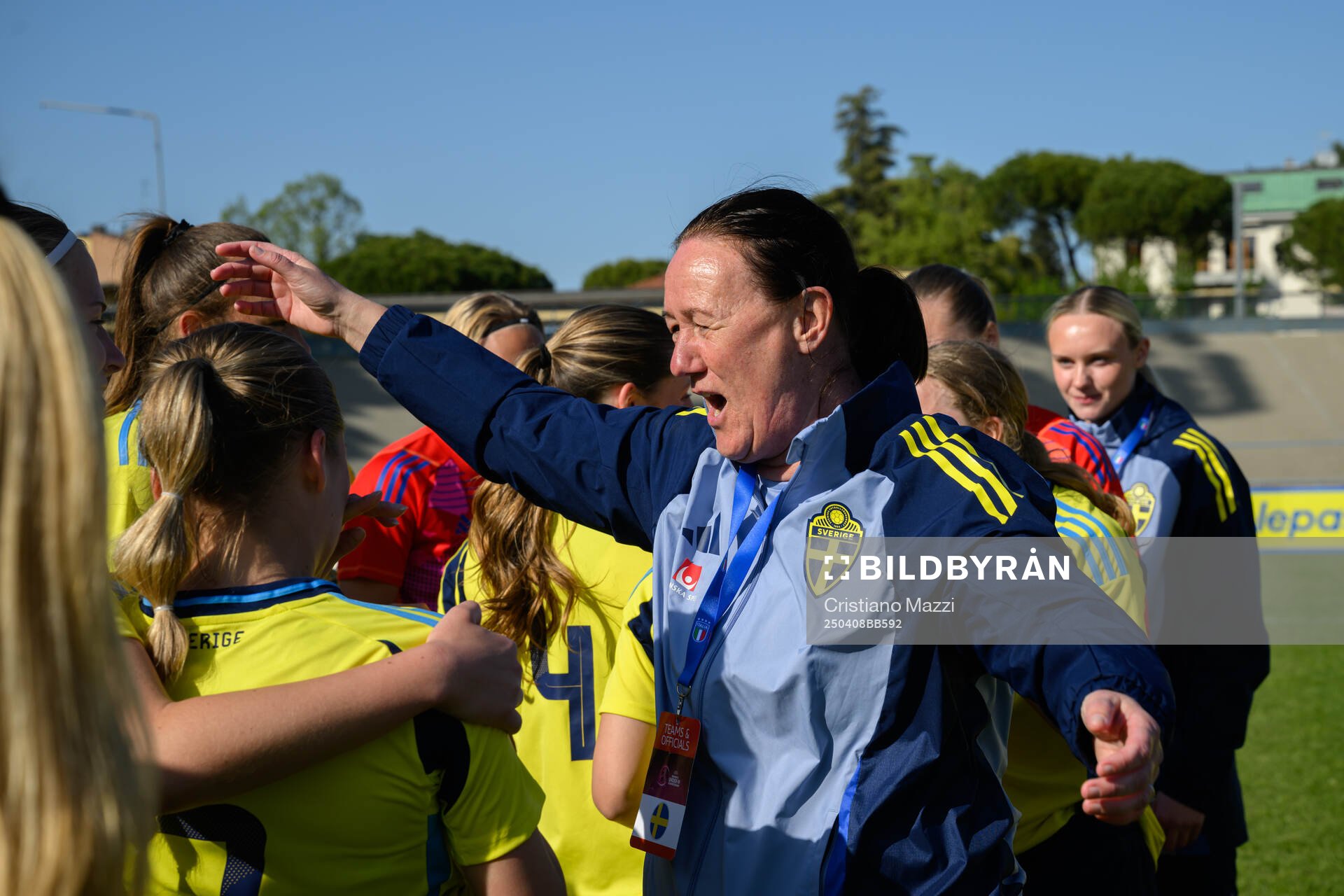 Annelie Norén, Head coach of Sweden celebrates after the UEFA Women's Under-19 Euro Qualifier football match between Italy and Sweden on April 8, 2025 in Forli.