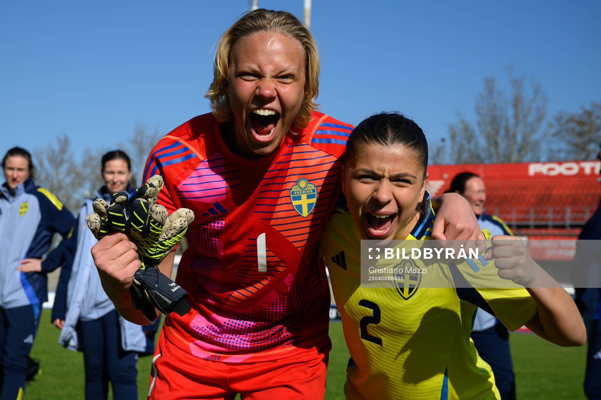 Goalkeeper Saga Andersson and Mikaela Stojanovska of Sweden