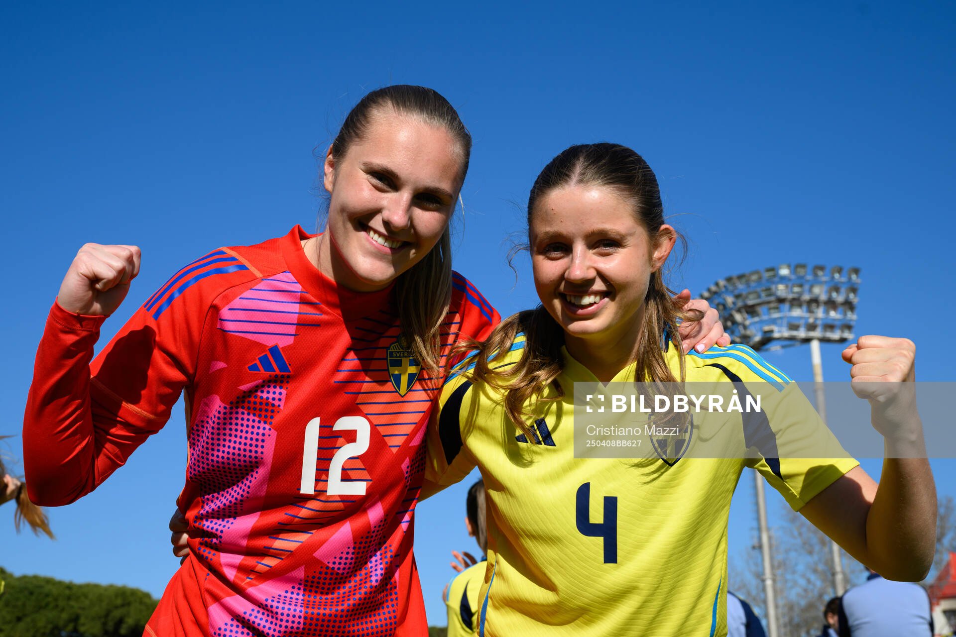 Goalkeeper Julia Cavander and Emma Holmqvist of Sweden celebrate after the UEFA Women's Under-19 Euro Qualifier football match between Italy and Sweden on April 8, 2025 in Forli.