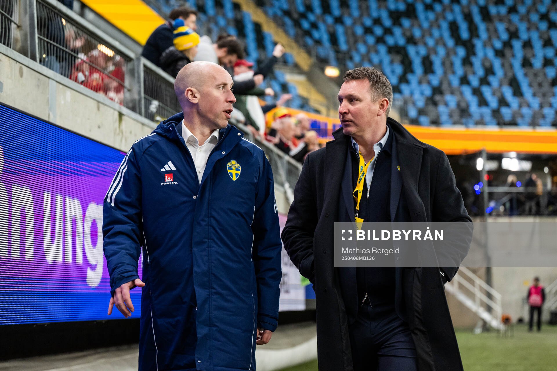 Simon Åström, president of the Swedish Football Association, and Kim Källström, head of football at the Swedish football federation, after the UEFA Women's Nations League football match between Sweden and Wales on April 8, 2025 in Gothenburg.