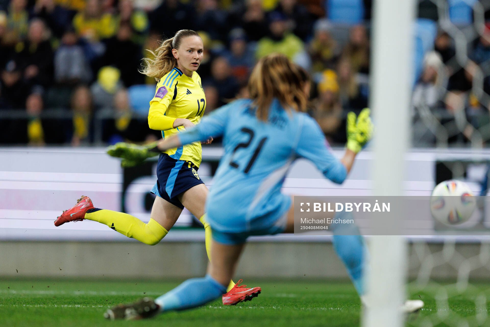 Matilda Vinberg of Sweden against goalkeeper Safia
