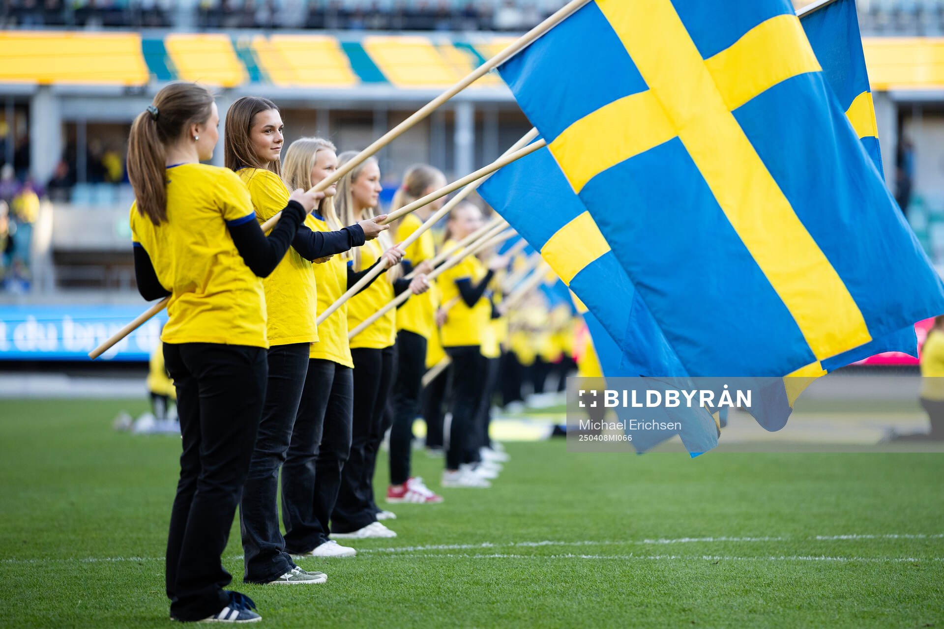 Flag bearers ahead of the UEFA Women's Nations League football match between Sweden and Wales on April 8, 2025 in Gothenburg. 