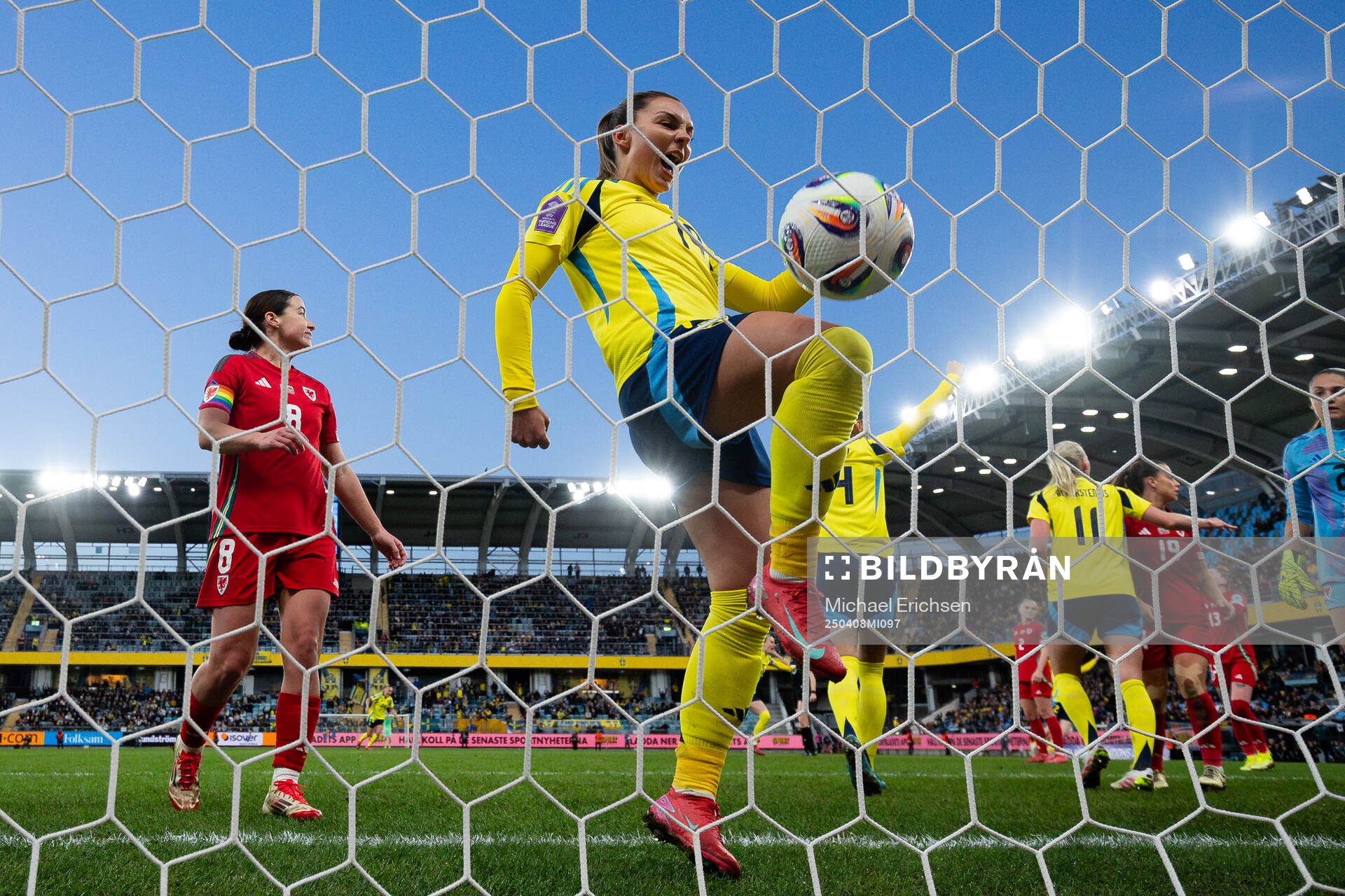 Johanna Rytting Kaneryd of Sweden celebrates after 1-0 by team mate Magalena Eriksson during the UEFA Women's Nations League football match between Sweden and Wales on April 8, 2025 in Gothenburg.