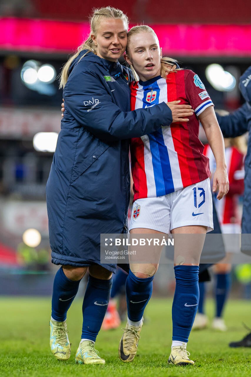 Emilie Woldvik and Thea Bjelde of Norway after the UEFA Women’s Nations League football match between Norway and France on April 8, 2025 in Oslo.