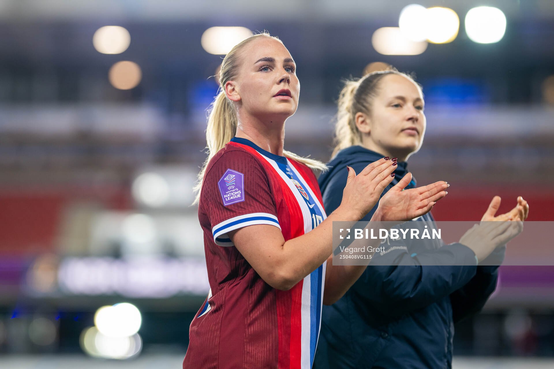 Cathinka Tandberg and goalkeeper Aurora Mikalsen of Norway