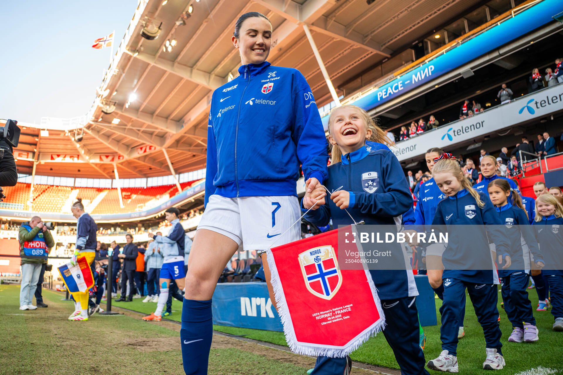 Ingrid Syrstad Engen of Norway enters the pitch ahead of the UEFA Women’s Nations League football match between Norway and France on April 8, 2025 in Oslo.