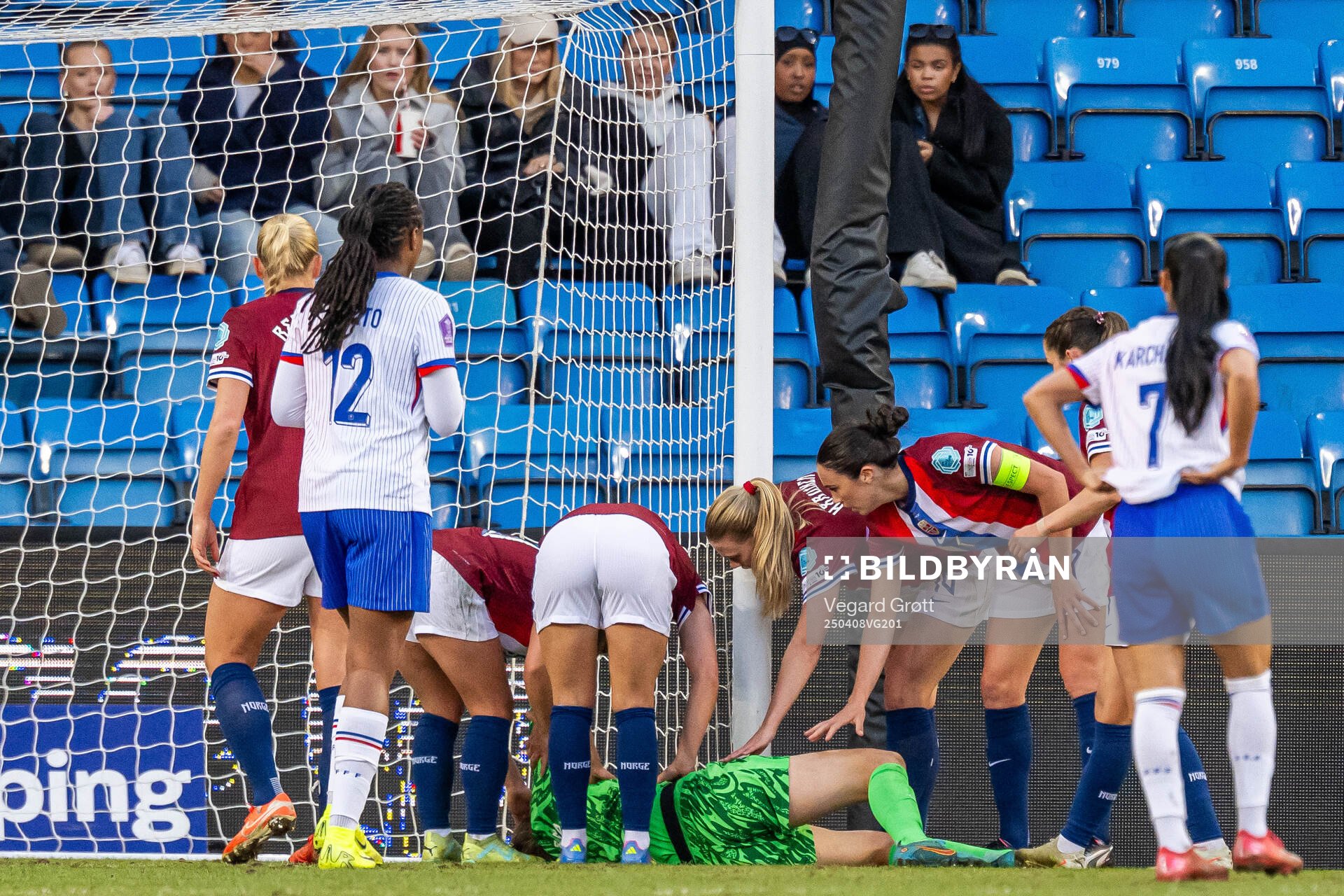 Goalkeeper Cecilie Fiskerstrand of Norway with an injury