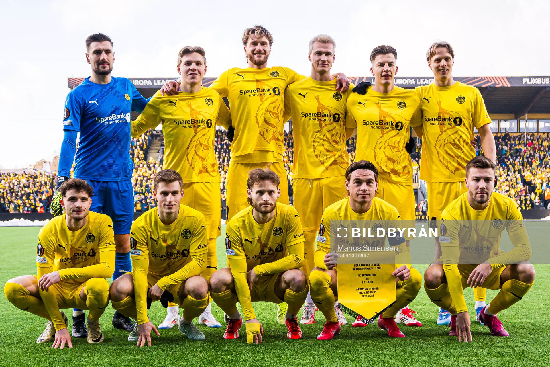 The starting eleven of Bodø/Glimt, from the top left; Nikita Haikin, Jens Petter Hauge, Kasper Høgh, Jostein Gundersen, Ulrik Saltnes, Håkon Evjen, Fredrik Sjøvold, Ole Didrik Blomberg, Patrick Berg and Fredrik Bjørkan poses for a team group photo ahead of the UEFA Europa League quarter-final football match between Bodø/Glimt and Lazio on April 10, 2025 in Bodø.