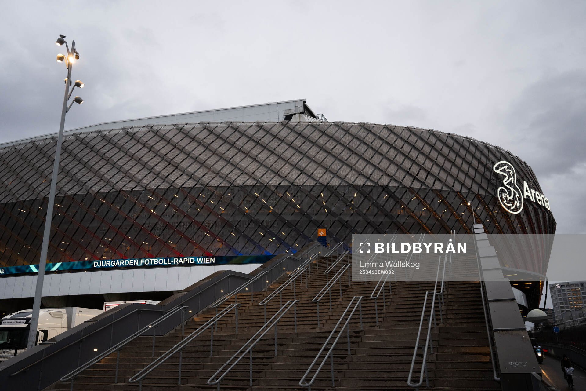 Exterior view of 3Arena ahead of the UEFA Conference League quarterfinal between Djurgården and Rapid Wien on April 10, 2025 in Stockholm.