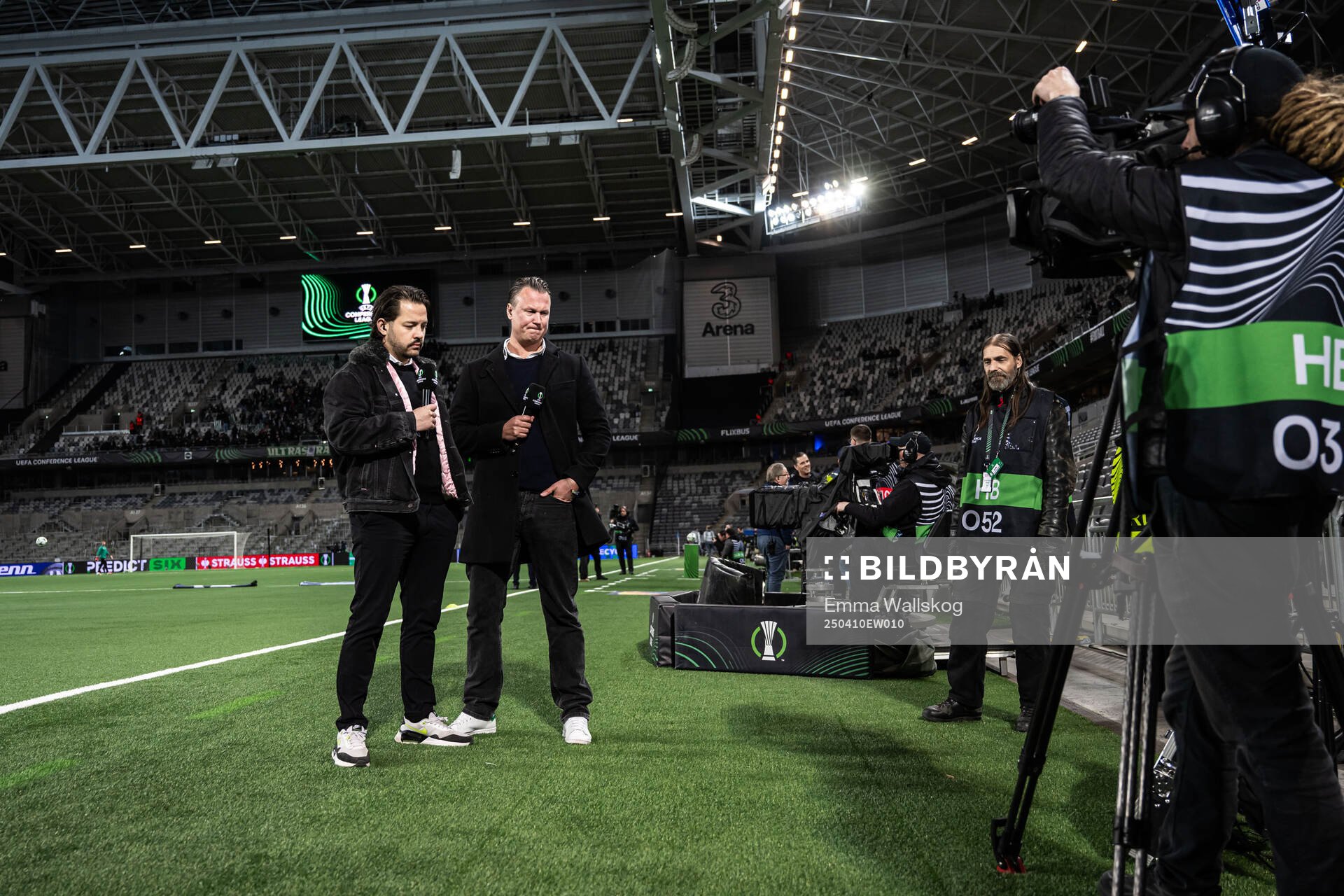 Gusten Dahlin and Daniel Kristoffersson of Disney+ ahead of the UEFA Conference League quarterfinal between Djurgården and Rapid Wien on April 10, 2025 in Stockholm.